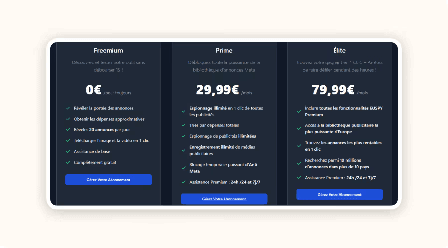 Capture d'écran des trois plans tarifaires d'EUSPY : Freemium, Prime, et Élite. Le plan Freemium est gratuit et offre des fonctionnalités limitées, tandis que le plan Prime à 29,99 € par mois débloque des fonctionnalités avancées d'espionnage publicitaire. Le plan Élite à 79,99 € par mois donne accès à la bibliothèque publicitaire la plus complète et permet de rechercher plus de 10 millions d'annonces.