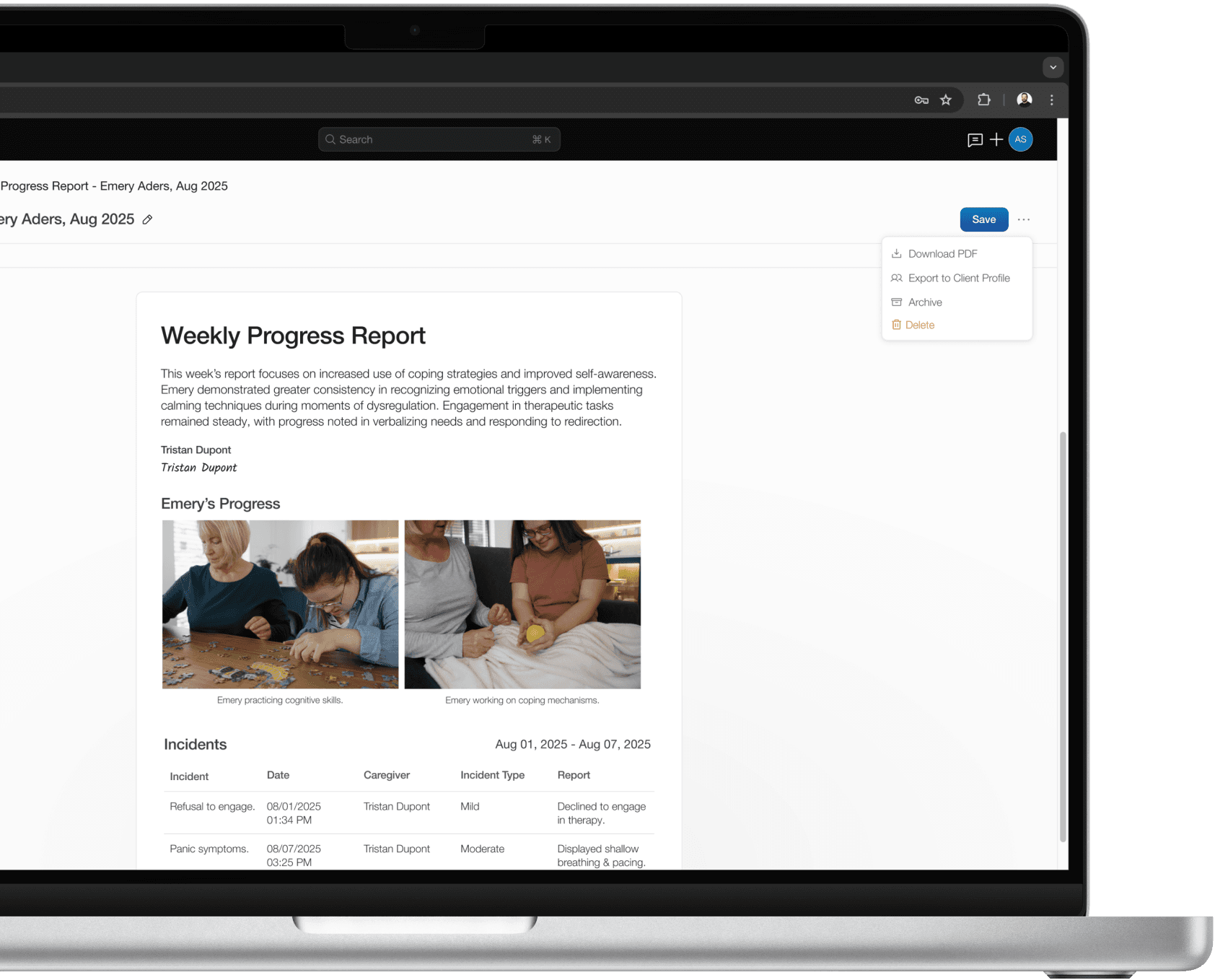 Weekly progress report.