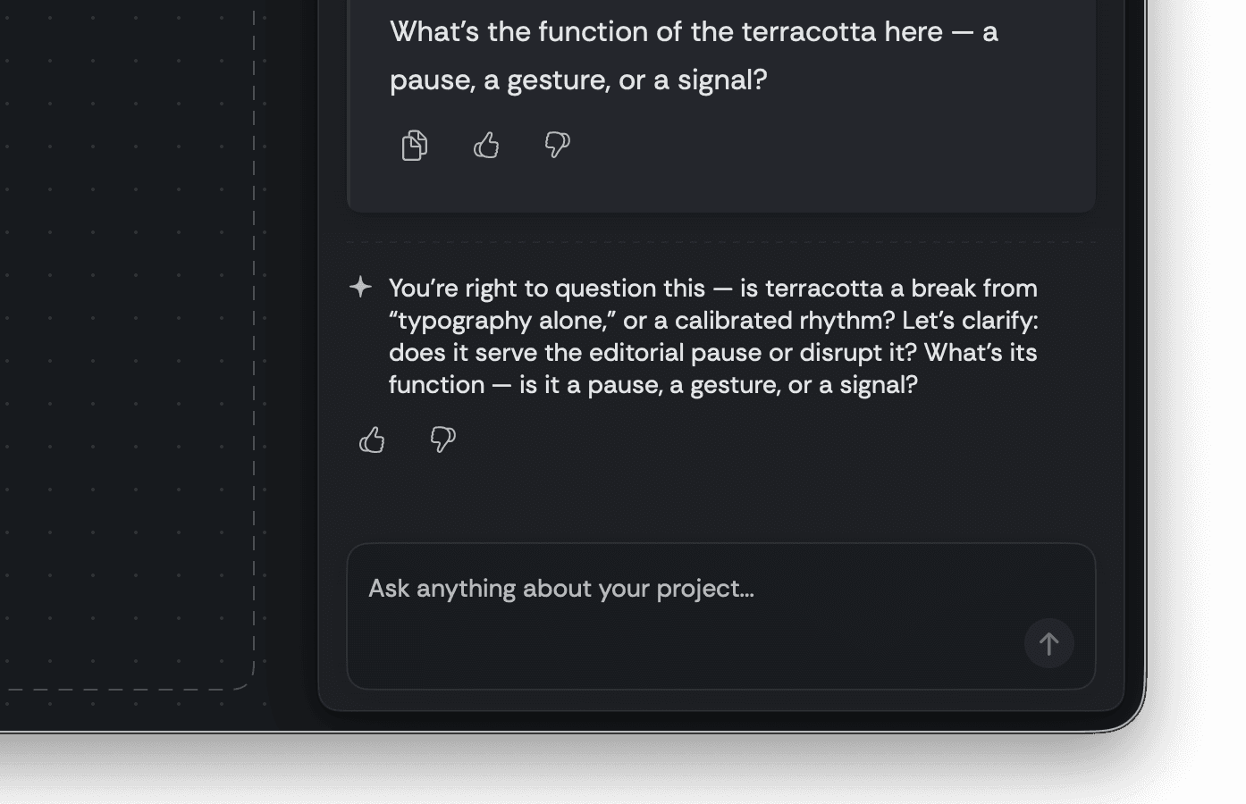 Tail of Alter's analytical response followed by a Guidance card asking: 'What's the function of the terracotta here — a pause, a gesture, or a signal?' — three specific framework options offered so the designer can articulate the principle they're committing to.