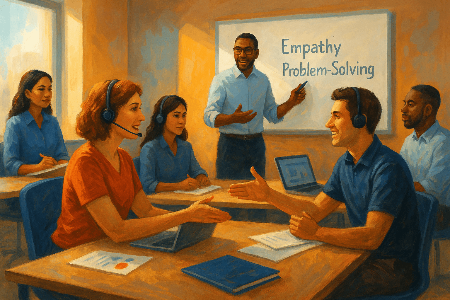 Digital painting of a customer service training workshop with employees role-playing and engaging in interactive learning, guided by a facilitator.