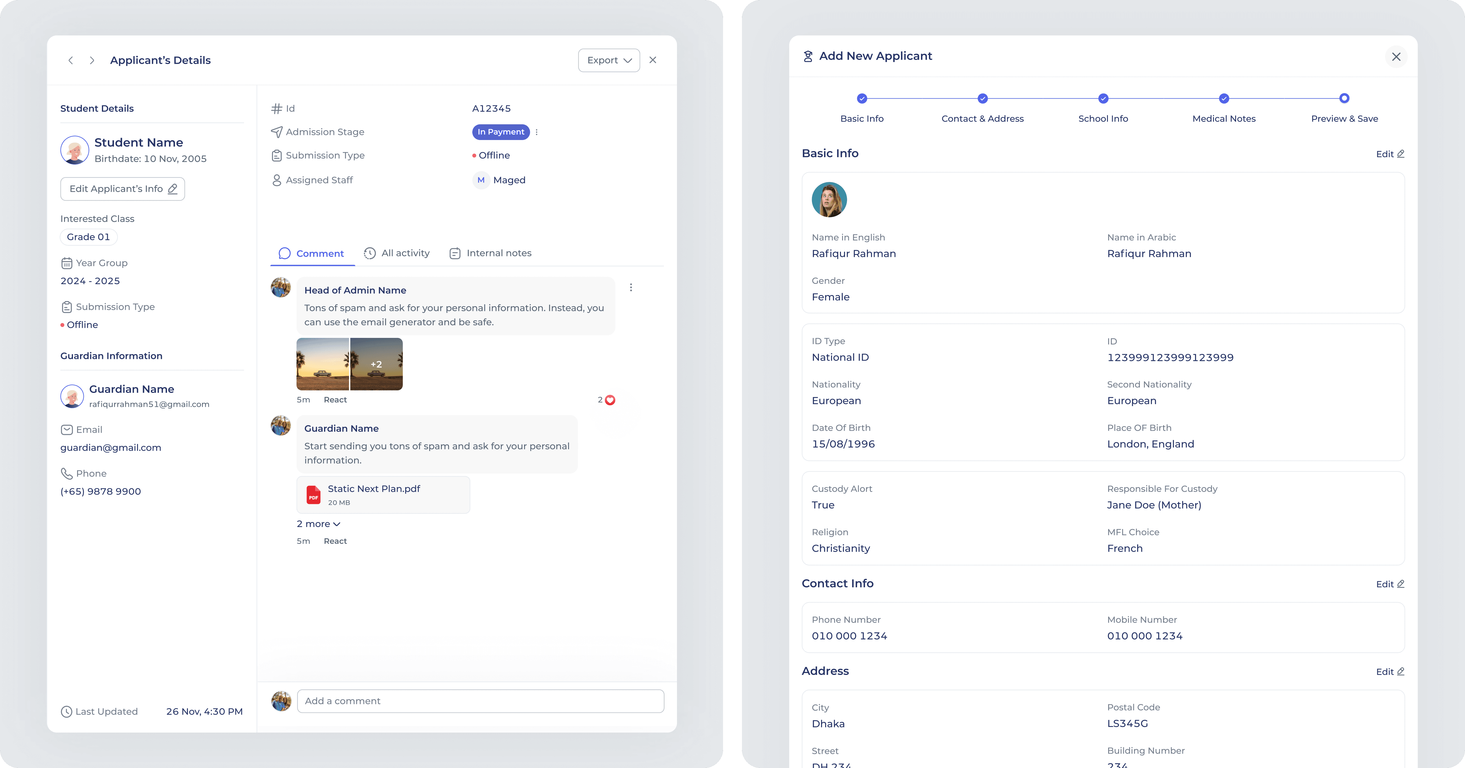Admission workflow interface showing applicant detail view, stage status tracking, guardian information, internal comments, and multi-step new applicant submission form.