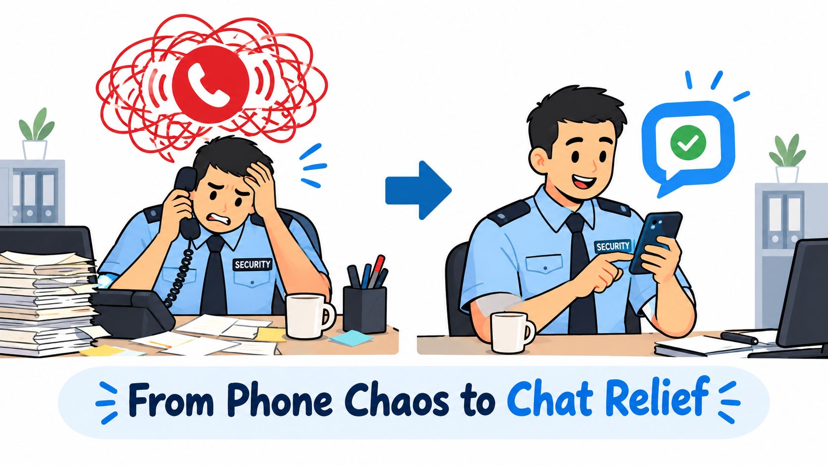 A split image showing a stressed security guard on the phone transitioning to a happy guard using chat.