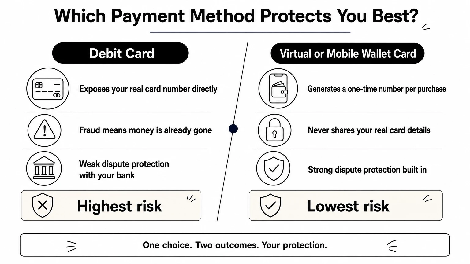 Infographic comparing debit cards and virtual mobile wallet cards on exposure risk and fraud protection.