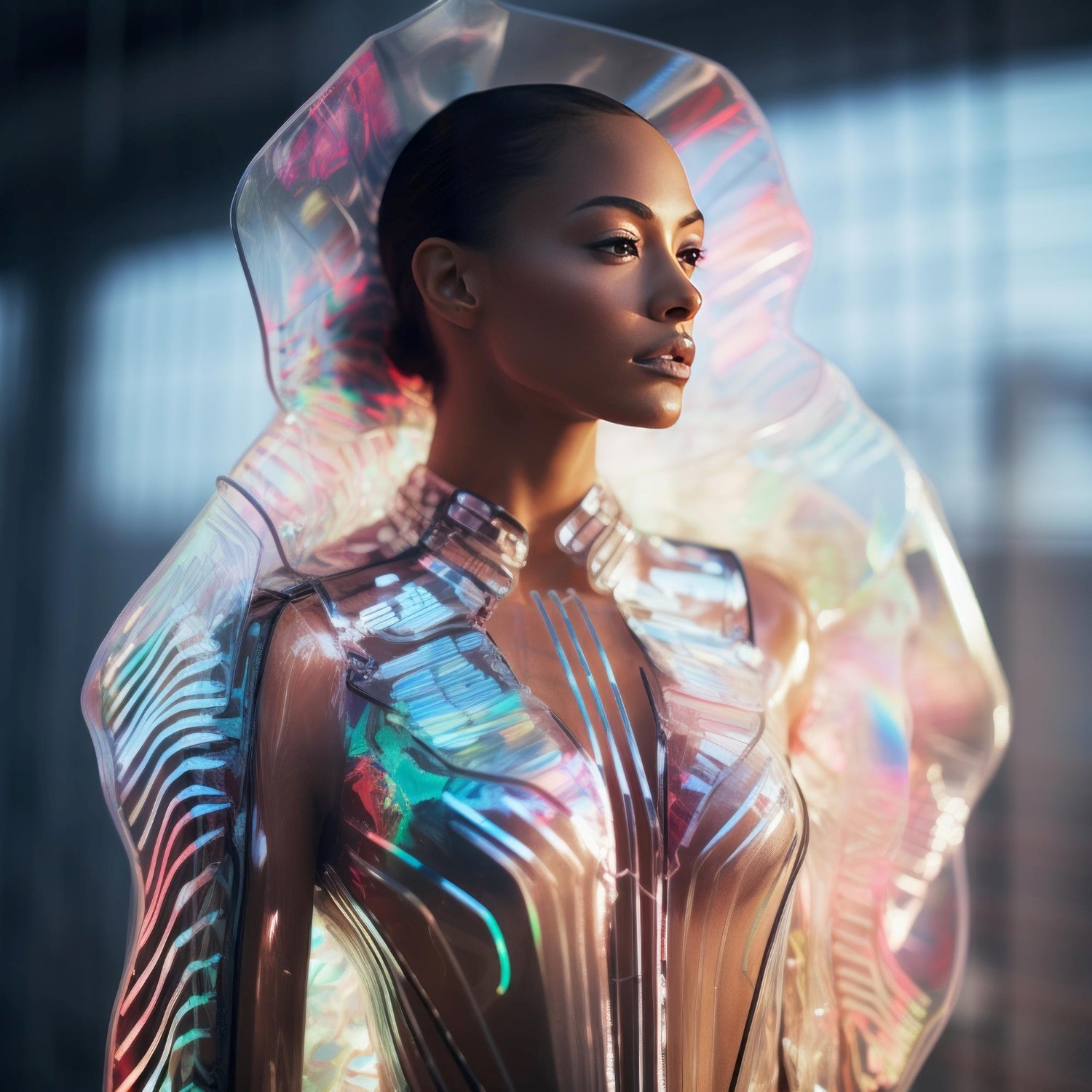 A woman posing in a futuristic outfit which has neon lighting and tranlucent fabric.