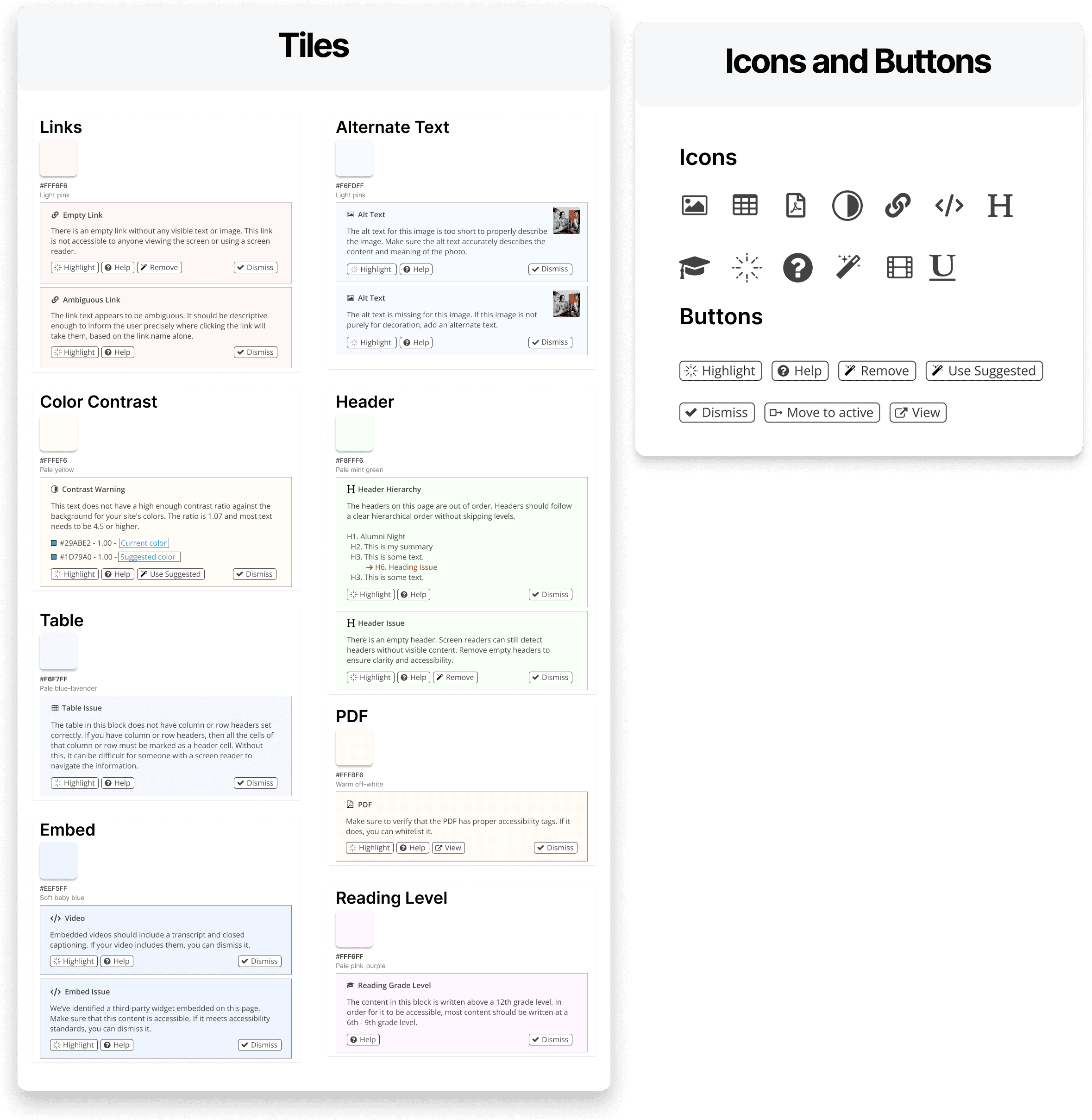 A UI reference showing accessibility issue tiles grouped by category