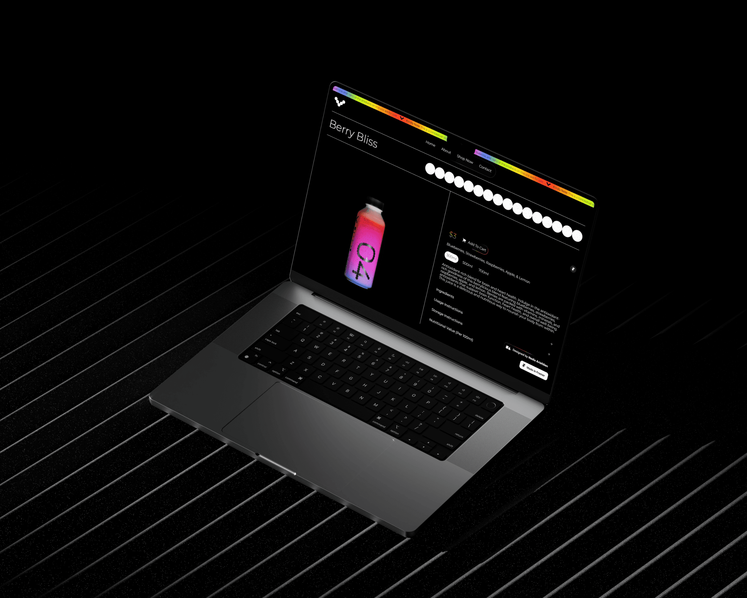 A mockup showing a product page from the Vitame website design on a laptop screen.