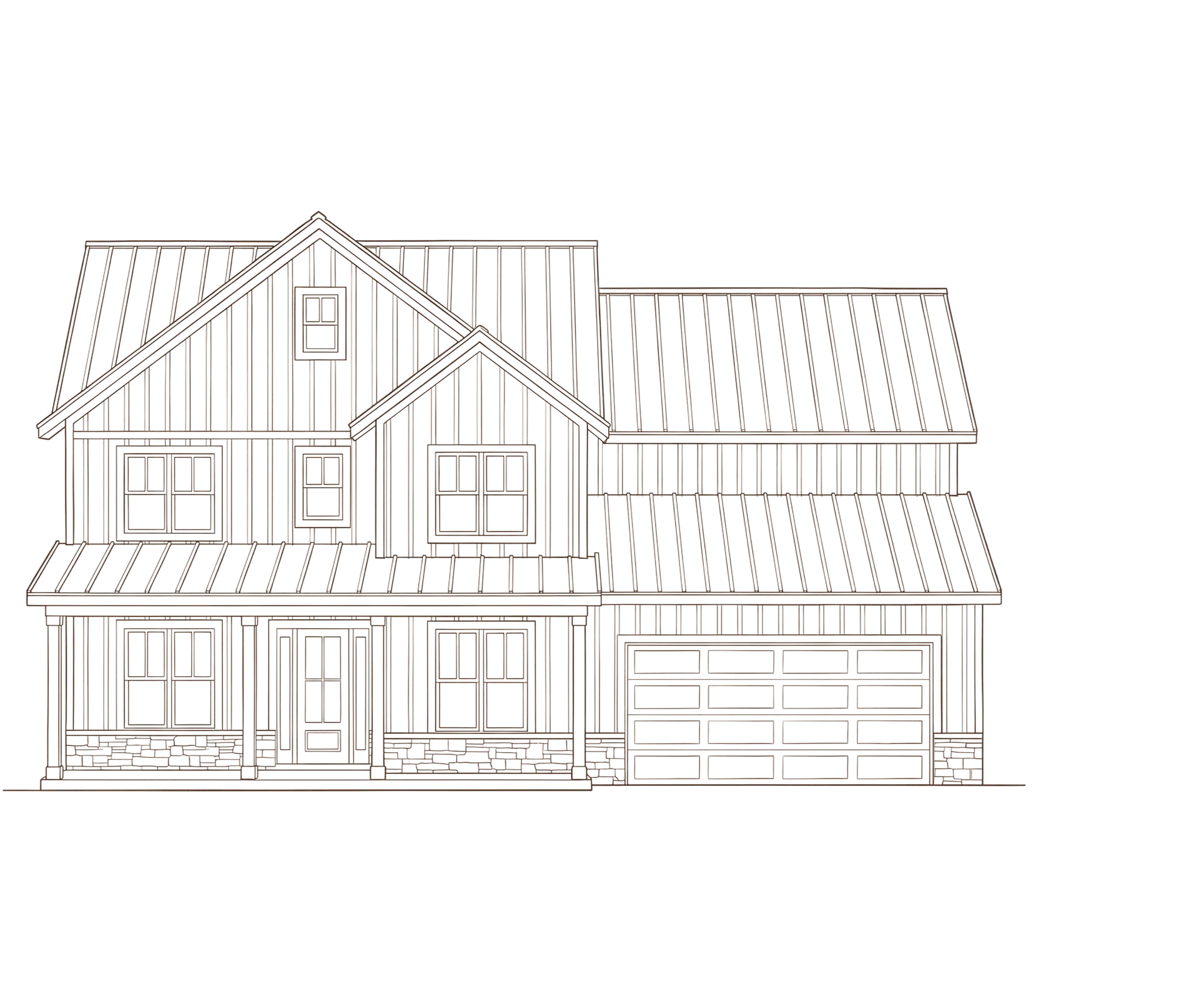 Line-drawing illustration of a two-story home with a covered front porch and attached garage