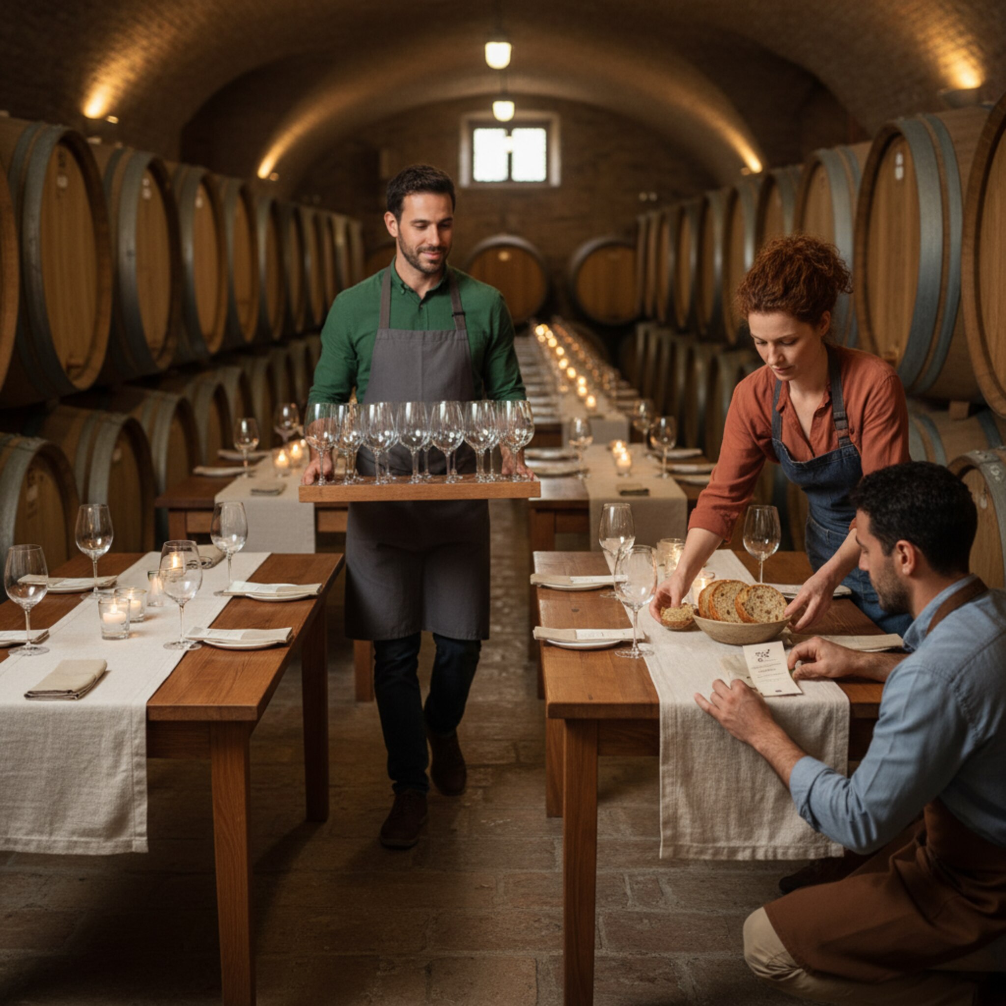 Im Fasskeller richtet ein Team diskret Tische zwischen Barriques her. Ein Kollege bringt Gläser, eine Kollegin platziert Schalen mit Brot. Die Beleuchtung ist warm und konzentriert den Blick auf die vorbereiteten Plätze. Es wirkt koordiniert und stimmig.