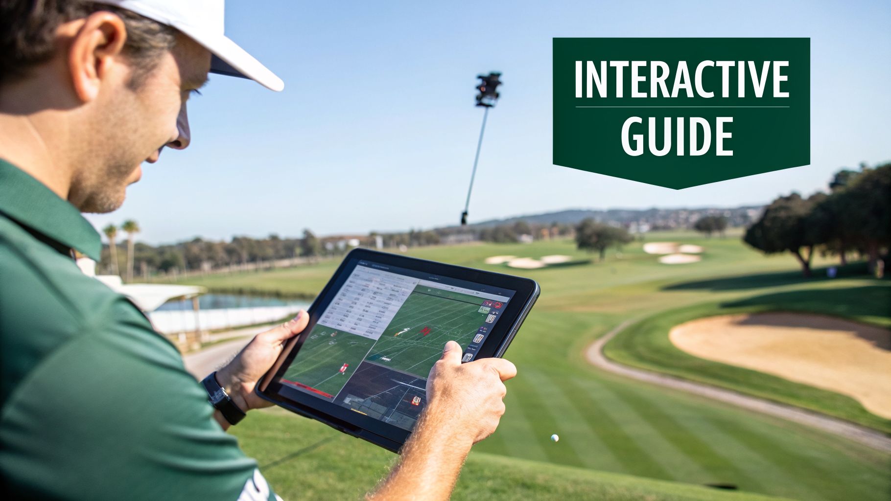 A golfer uses an interactive digital guide on a tablet overlooking a golf course.