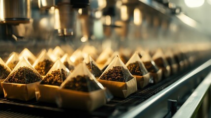 Tea bag production on conveyor belt