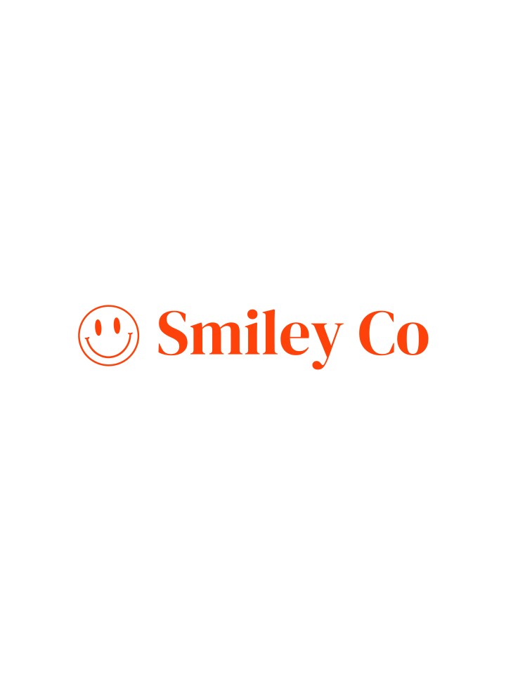 Orange outline of a smiley face with the text “Smiley Co” in orange serif type on a clean white background.