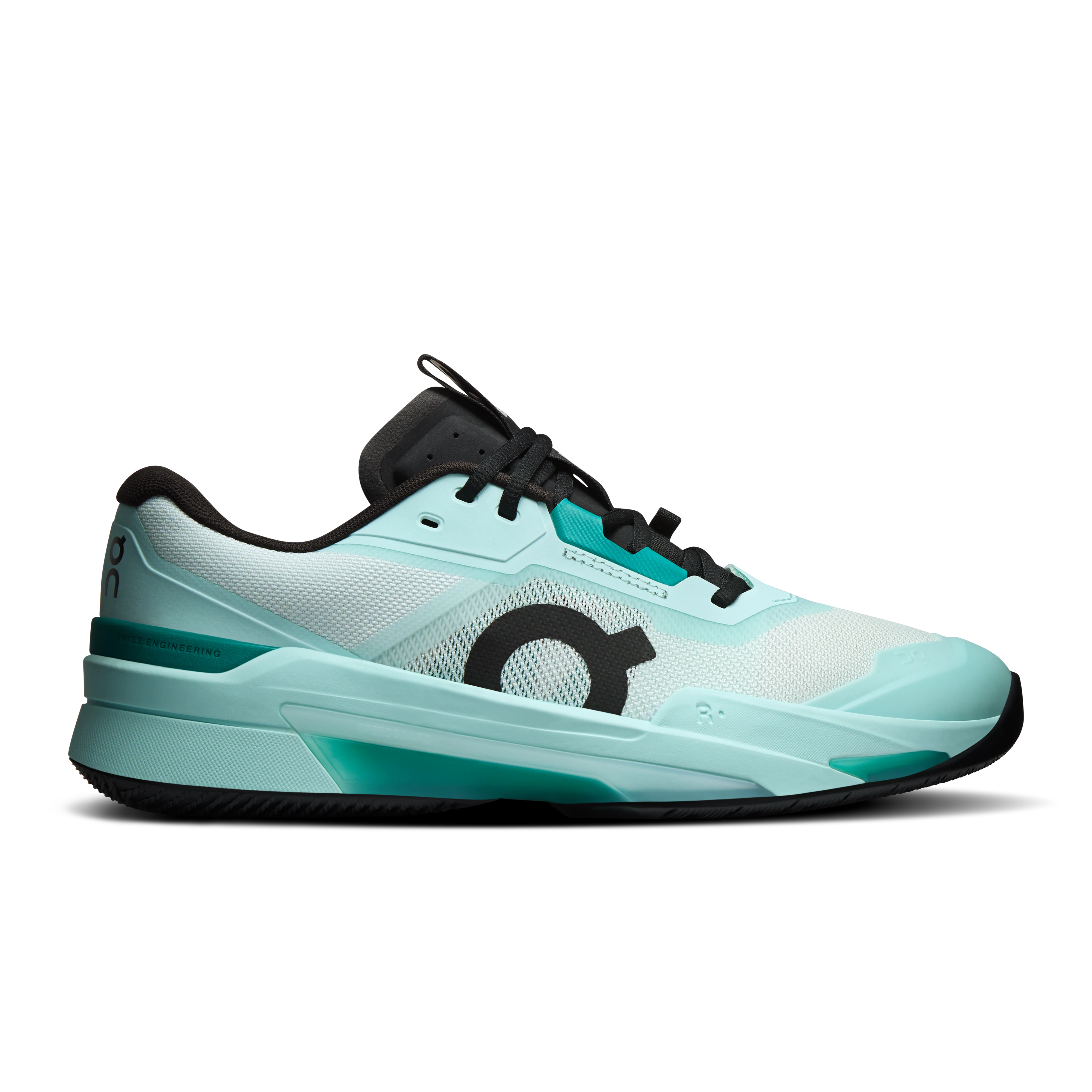 On THE ROGER Pro Fire men’s tennis shoe in Flurry and Celeste blue.