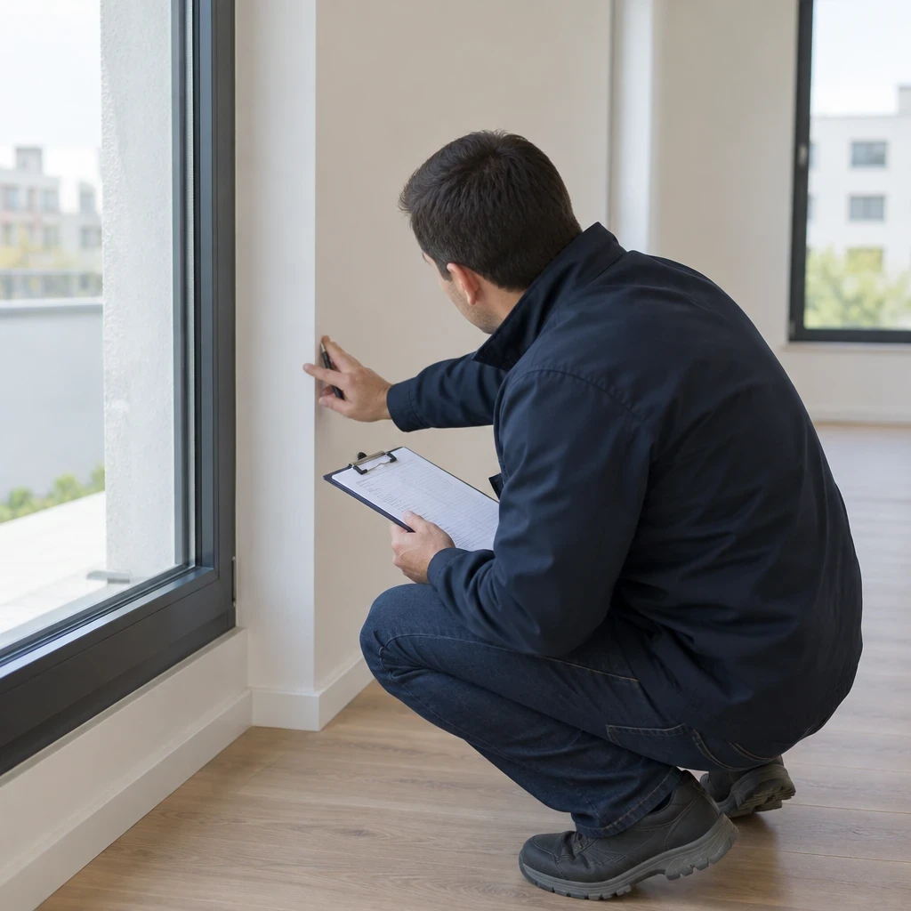 Expert vérifiant un cadre de fenêtre et un angle de mur lors de la réception d’un logement neuf