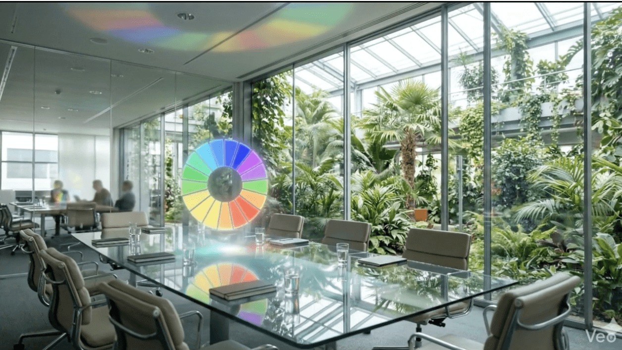 Roue colorée des objectifs de développement durable flottant au-dessus d'une table de réunion vitrée