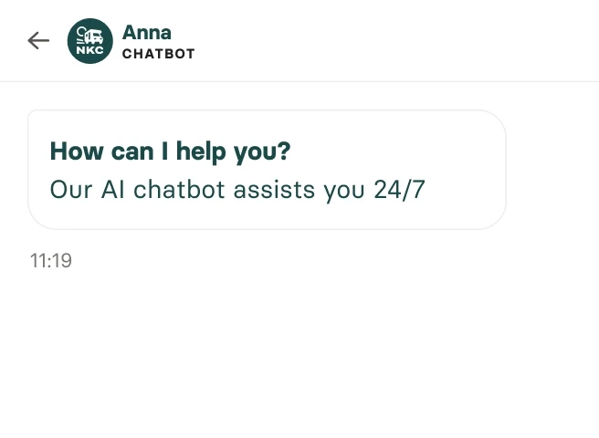 Chatvenster waarin Anna, de AI Agent van NKC, een bezoeker begroet