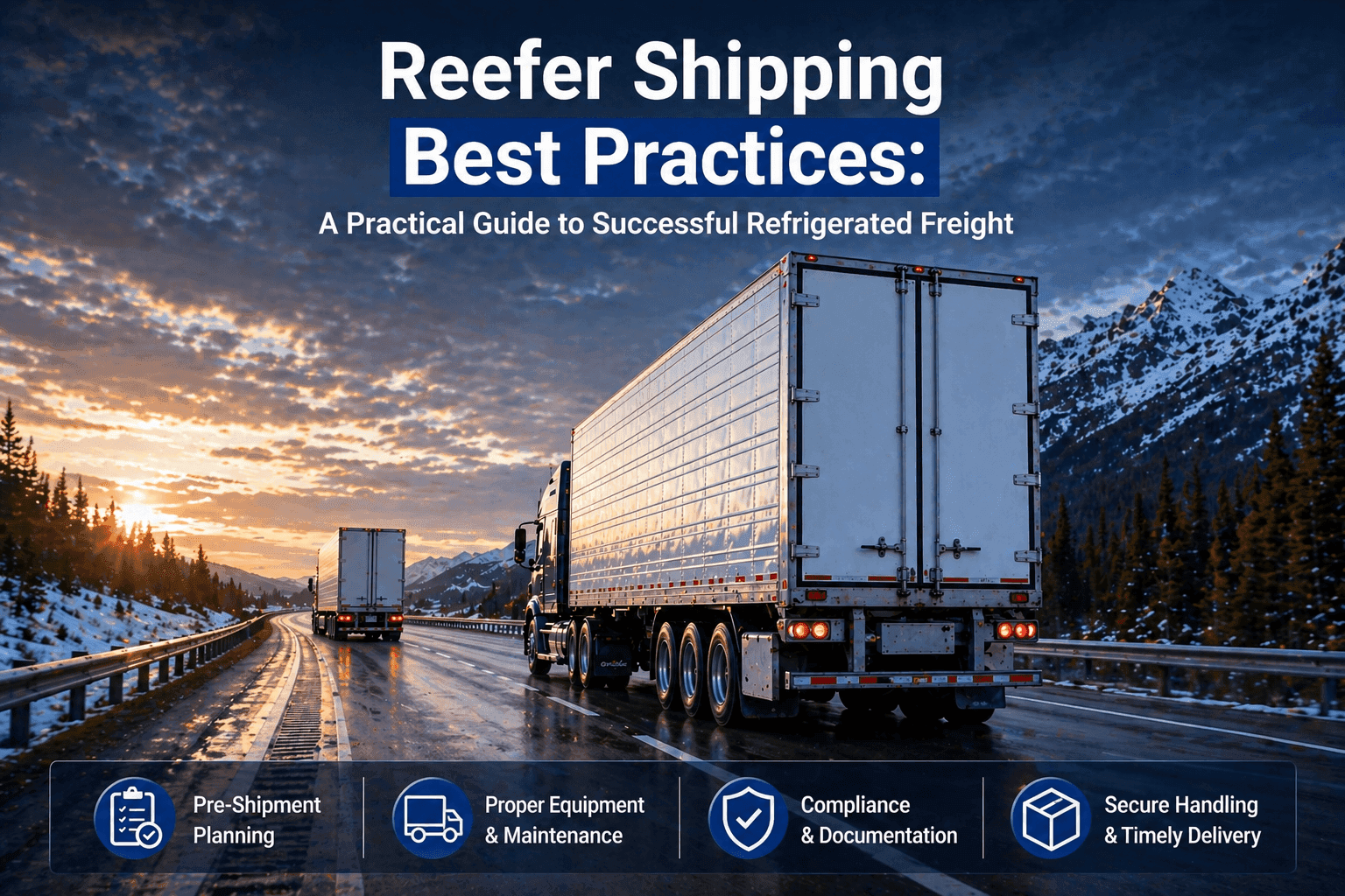 Refrigerated trucks driving on a highway through a snowy mountain landscape with text about best practices for temperature-controlled freight.