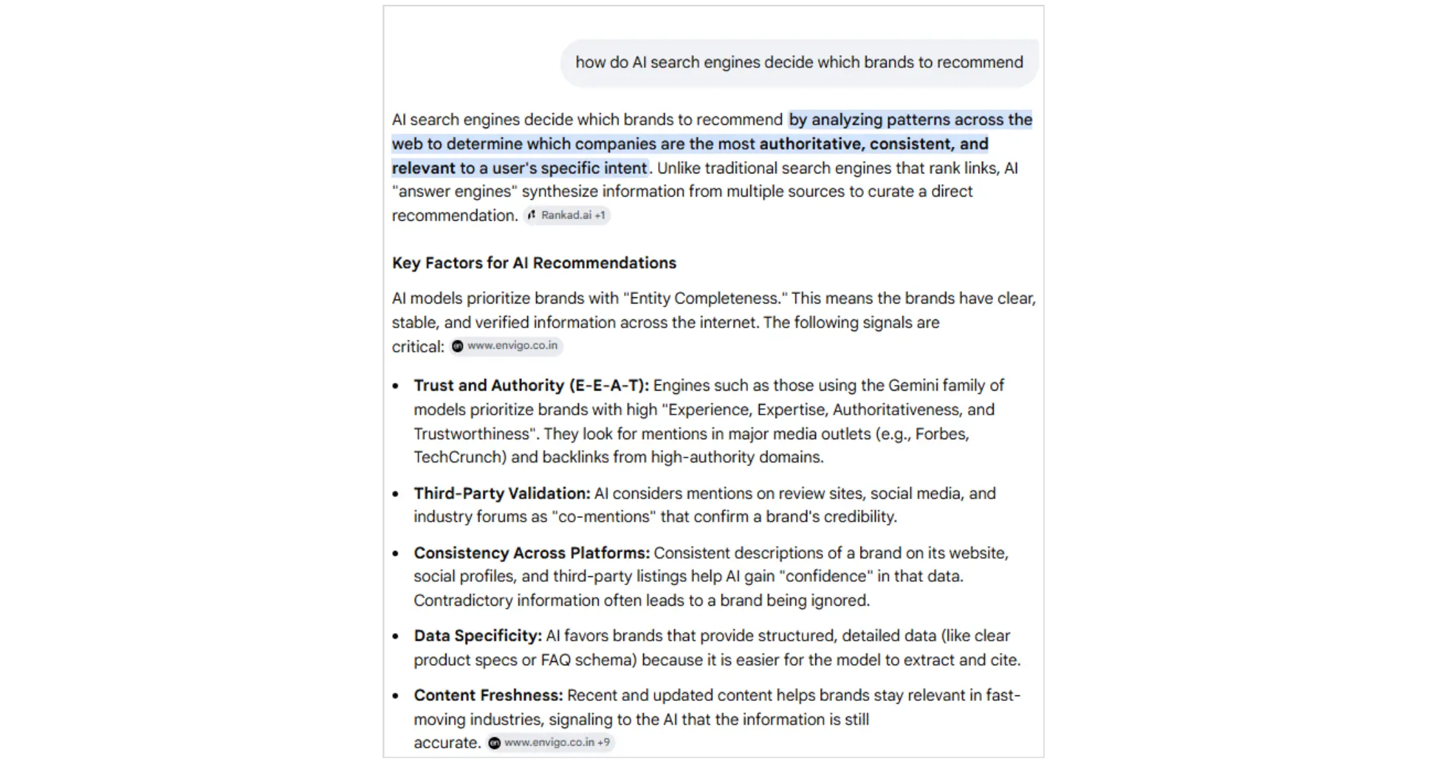 Factors AI search engines use for brand recommendations including authority, validation, consistency, and data specificity.