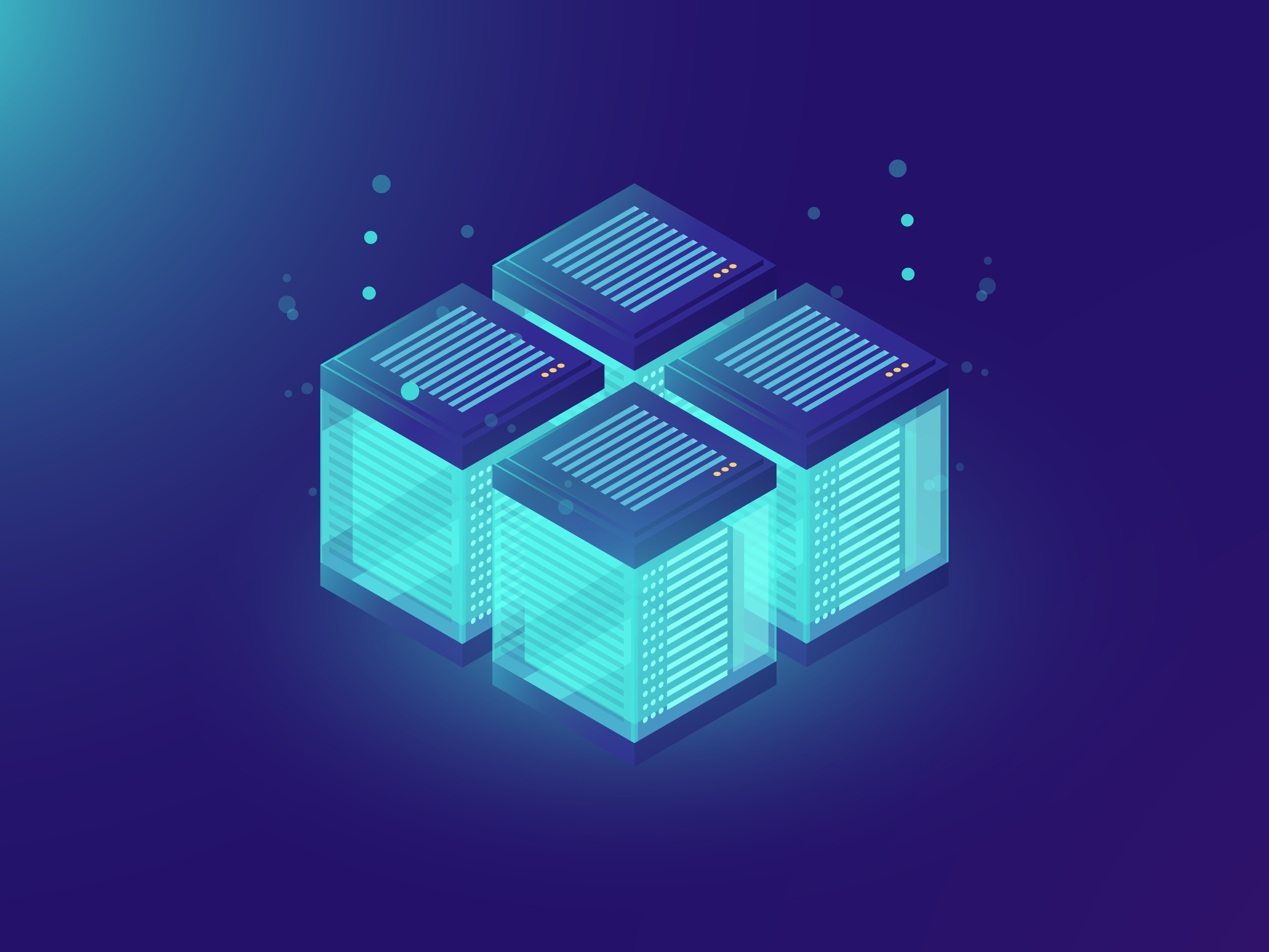 Isometric illustration of four glowing blue EC2 instances arranged in a cluster, representing Amazon's virtual servers on dark background