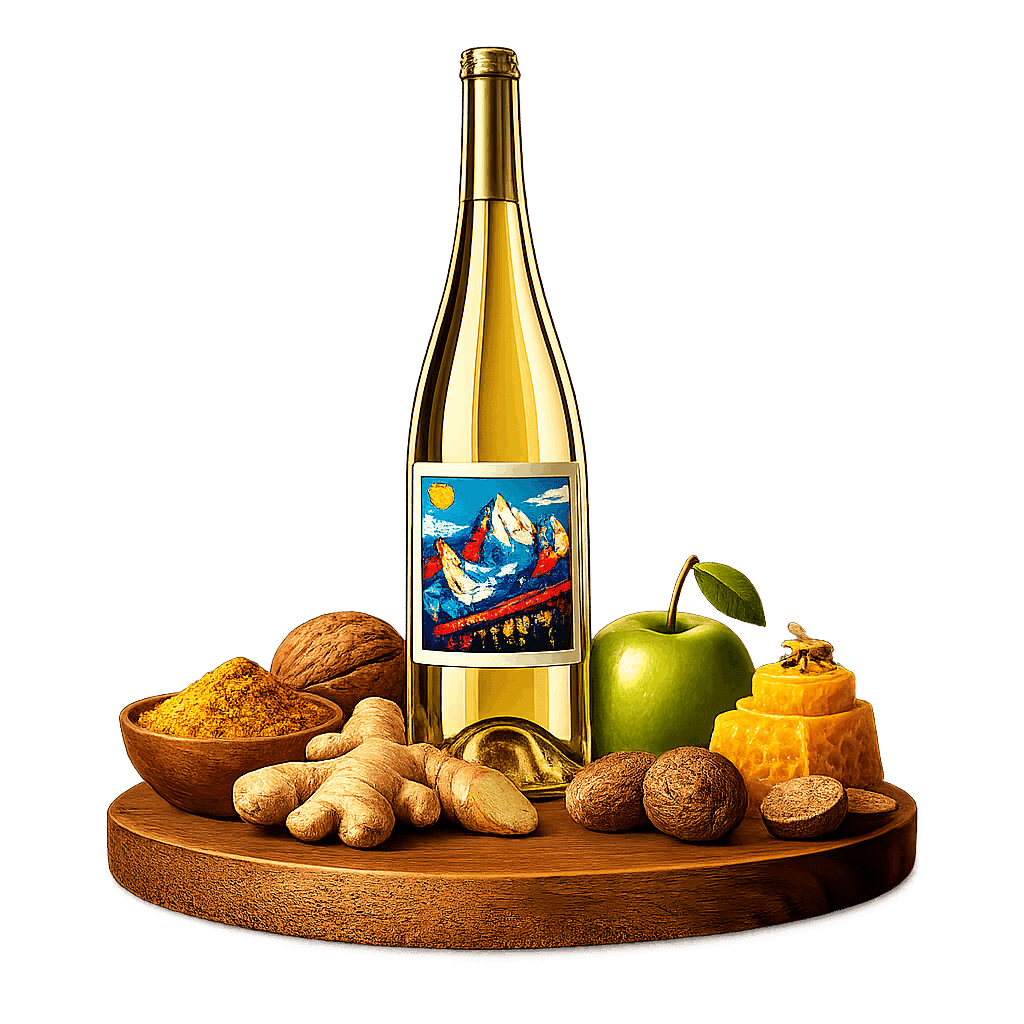 Artistic label and flavor profile for Jura Vin Jaune on a rustic wooden table.