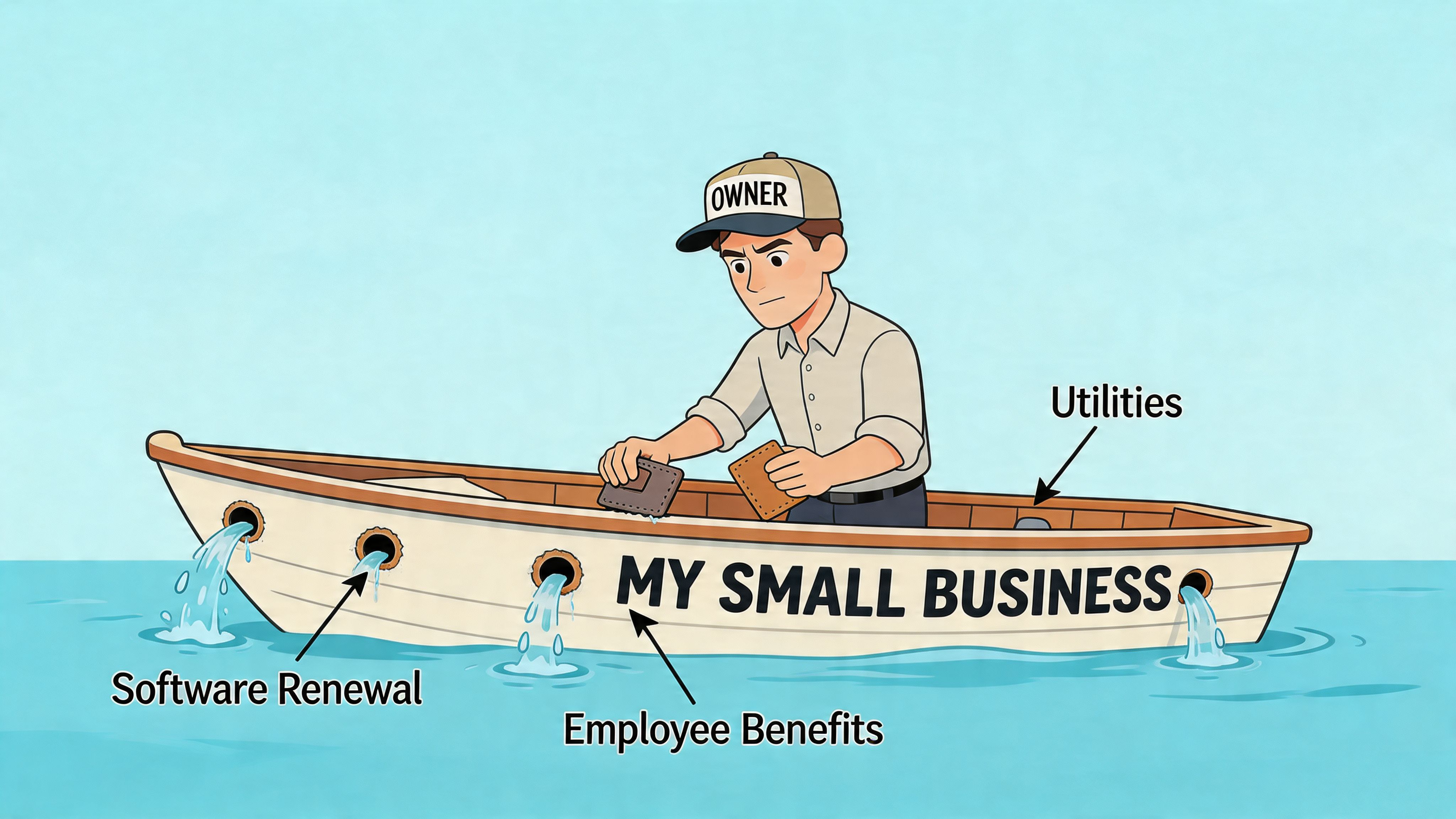 A small business owner struggles to plug multiple leaks in a boat representing business overhead expenses.