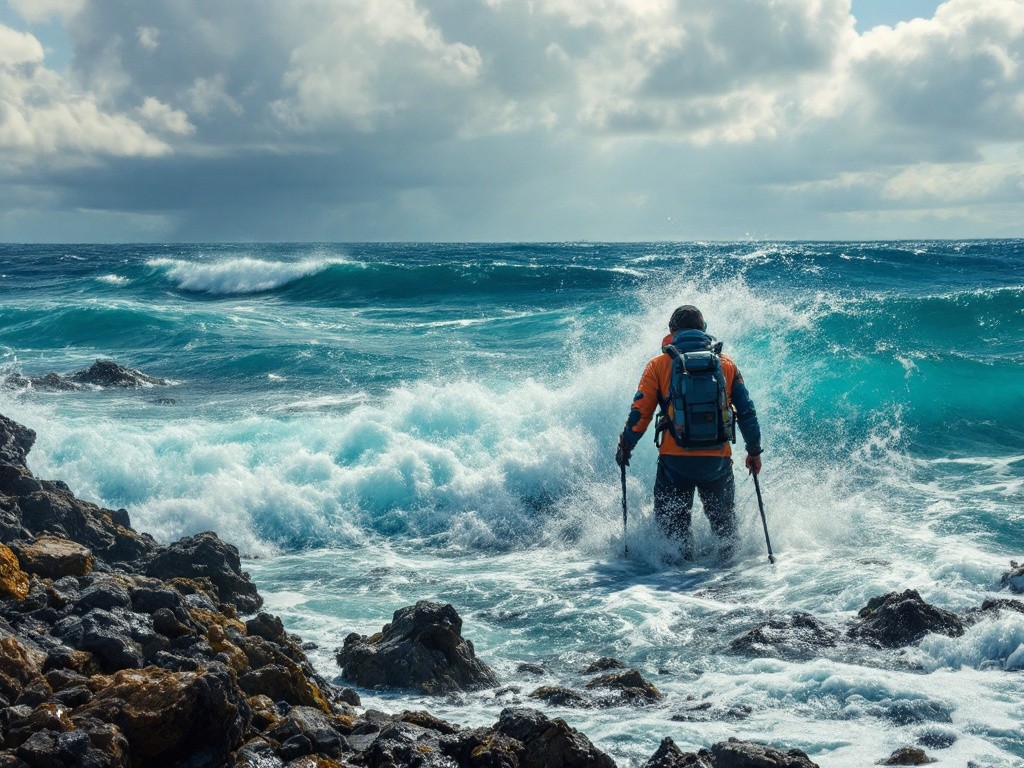 A man with a backpack and trekking poles stands in the ocean as waves crash around him.