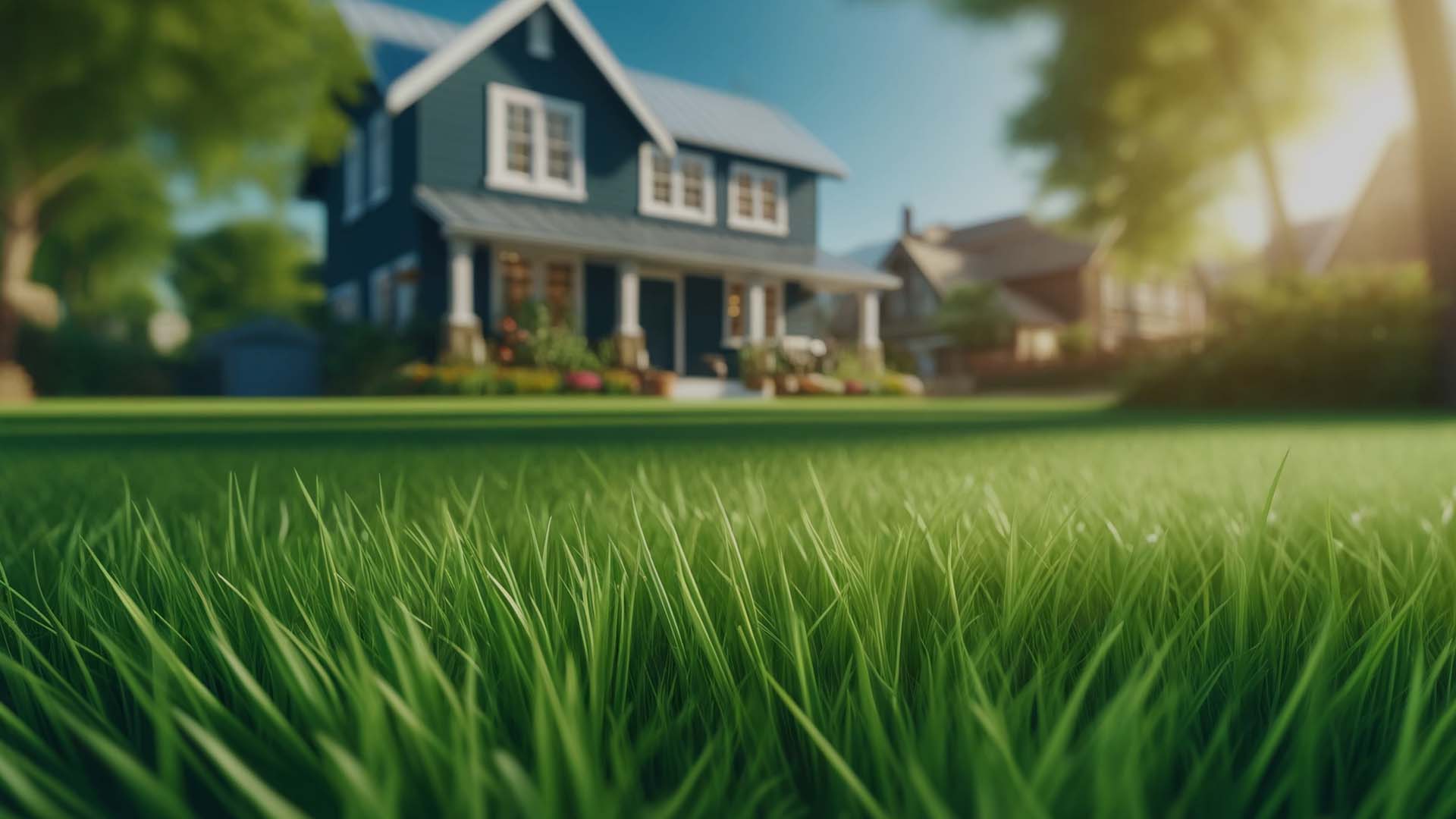 A green lawn in front of a navy blue St. Louis house