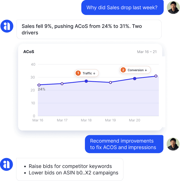Ask Neo explaining why sales fell and recommending bid changes