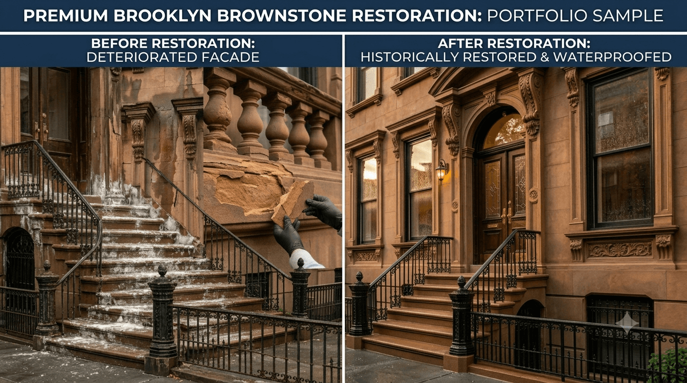 Before and after Brooklyn brownstone restoration, left side showing deteriorated facade with stains, cracks and spalling, right side fully restored and waterproofed historic brownstone