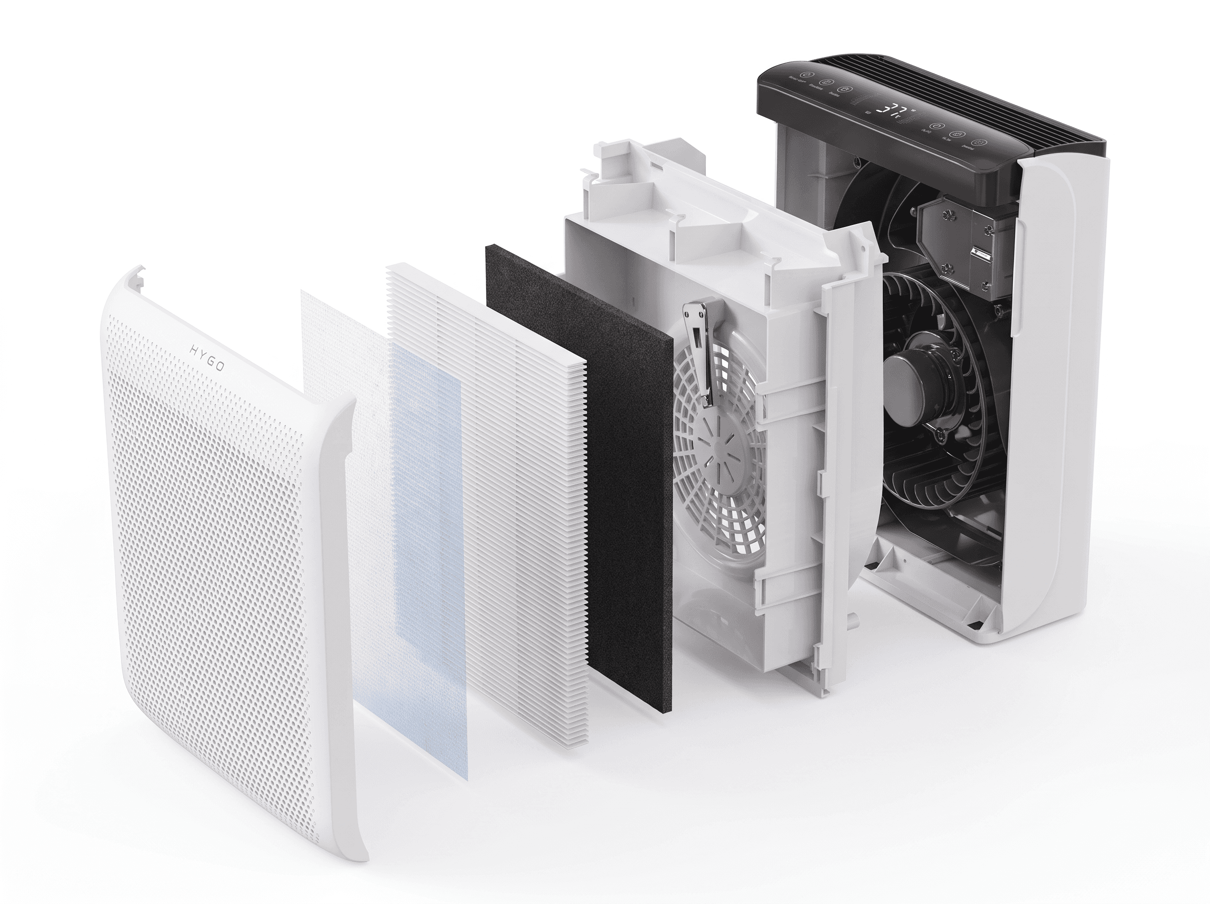 Hygo JH07 air purifier, exploded view of the filter stack and blower