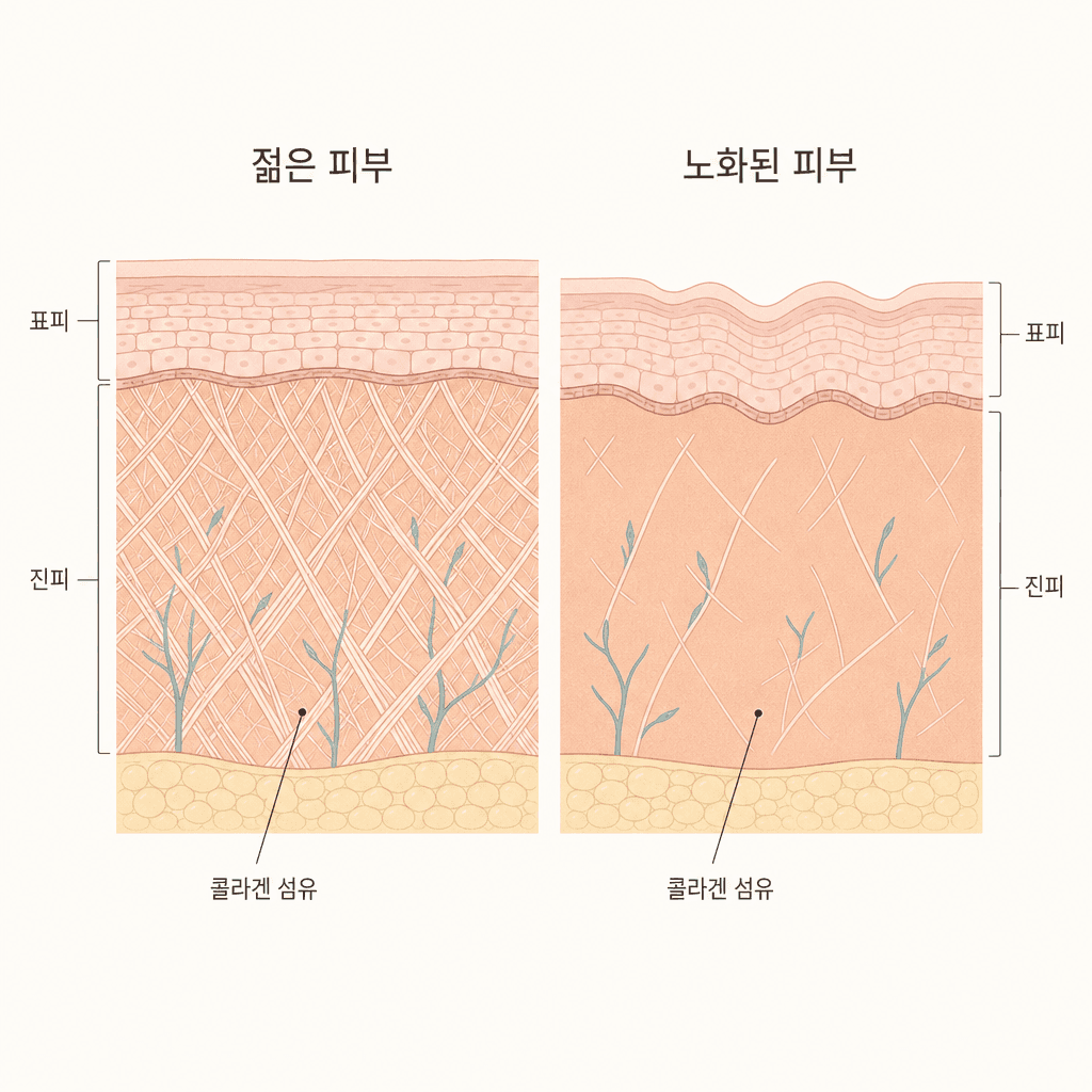 젊은 피부와 나이 든 피부의 진피 콜라겐 밀도 차이