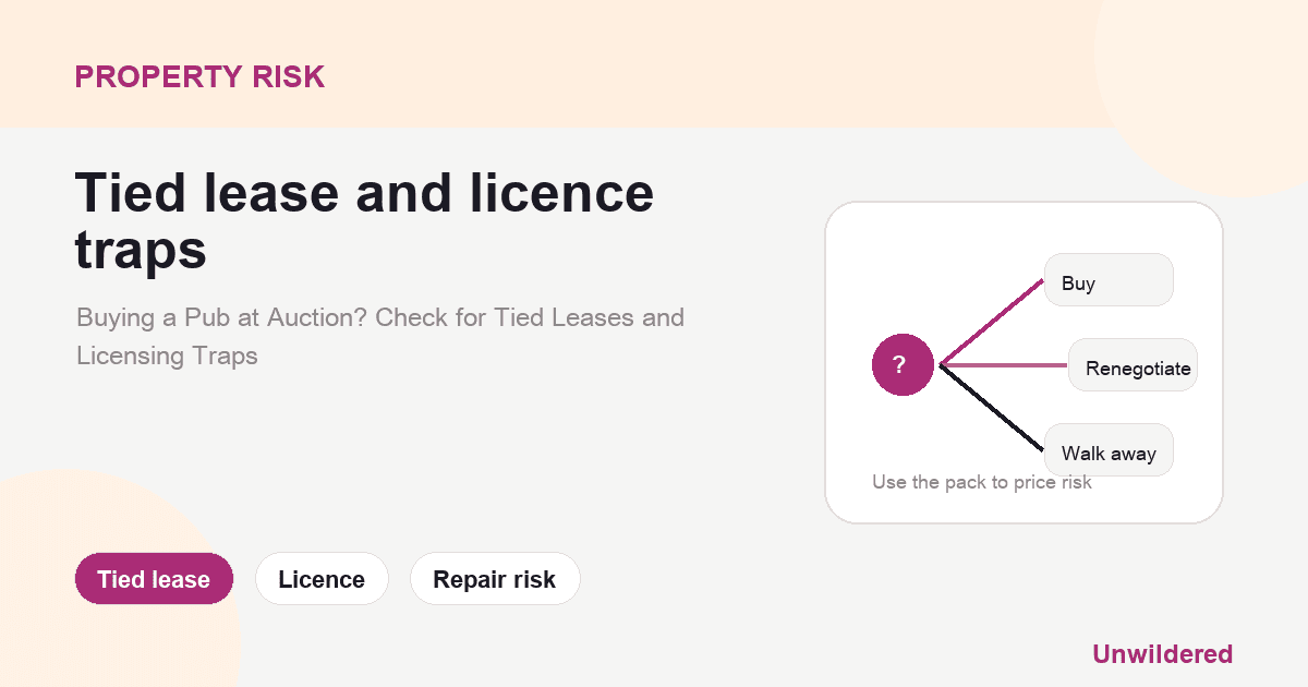 Explainer card for Buying a Pub at Auction? Check for Tied Leases and Licensing Traps: Tied lease, Licence, Repair risk.