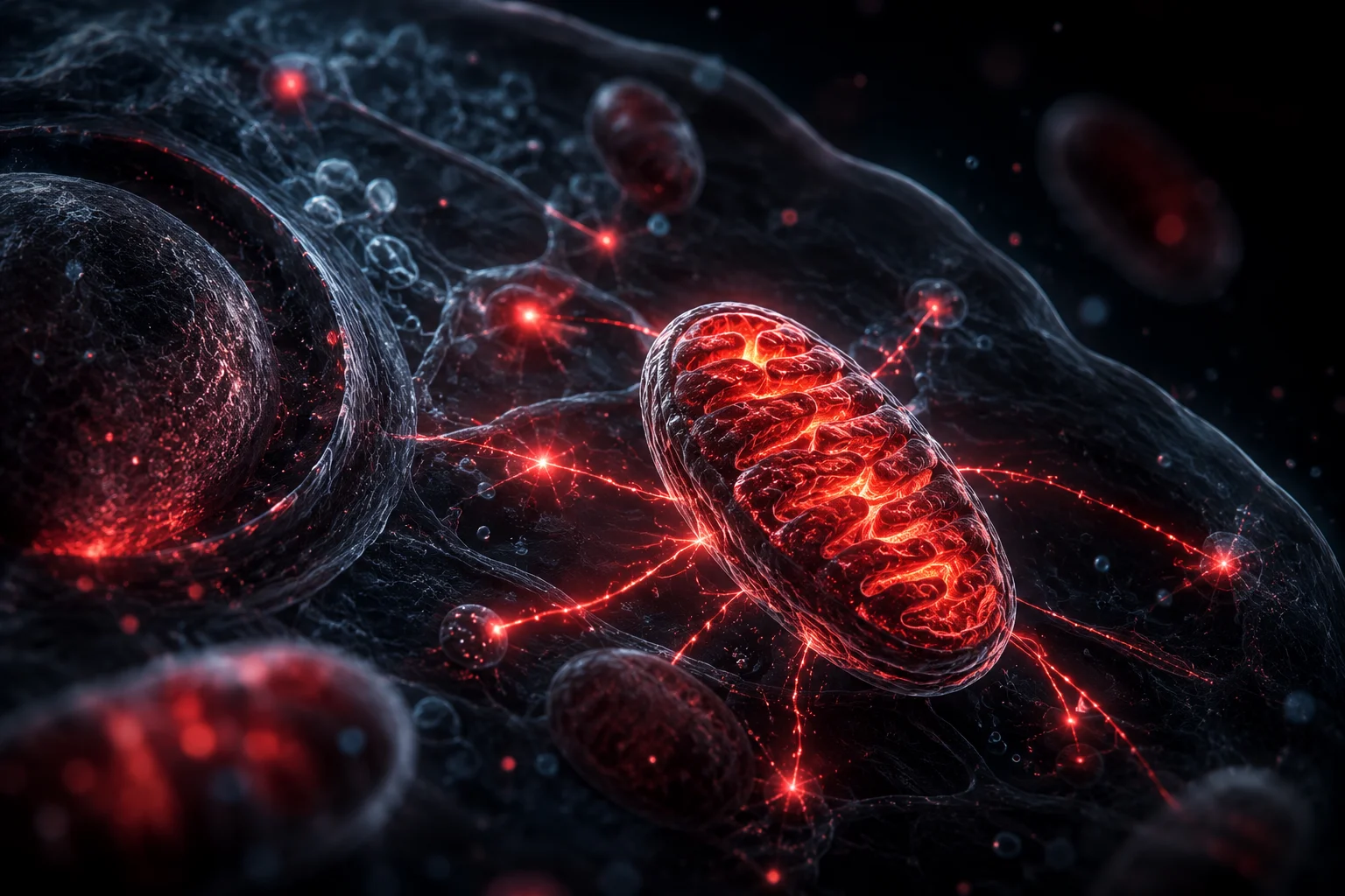 Animated image of mitochondria communicating to cells.
