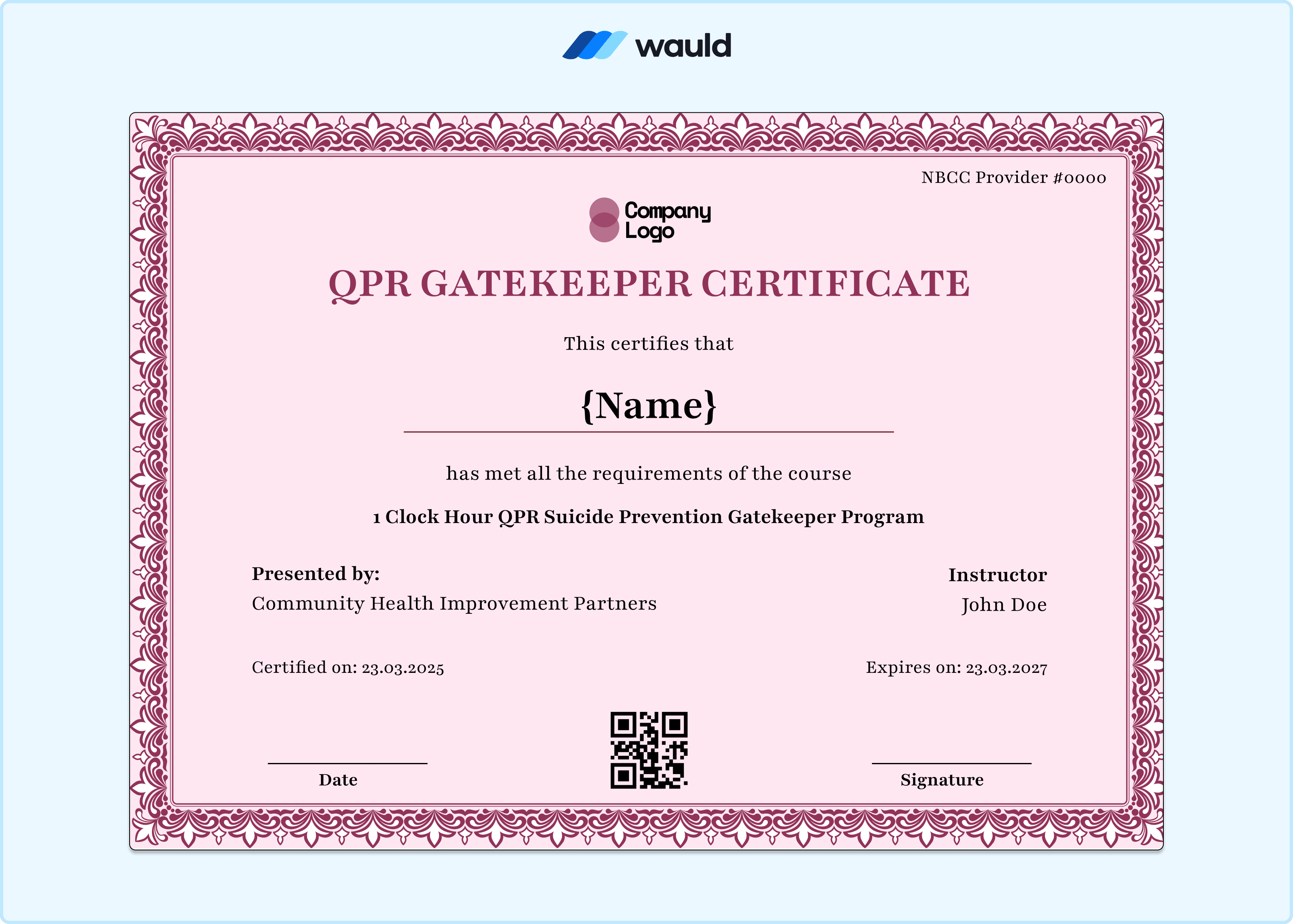 Soft pink and white QPR Gatekeeper certificate template with gentle color accents, recipient name field, instructor details, certified date, expiry date, NBCC Provider number, QR code, and signature line