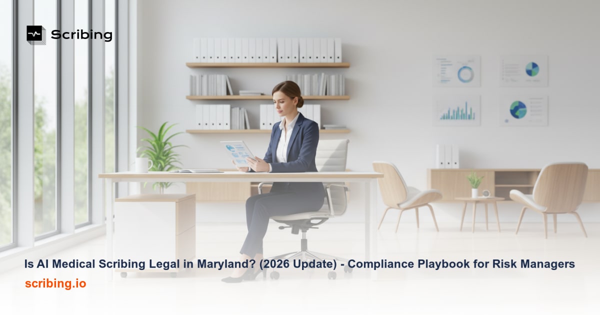 Healthcare compliance scene depicting AI medical scribing consent considerations in a Maryland clinical setting