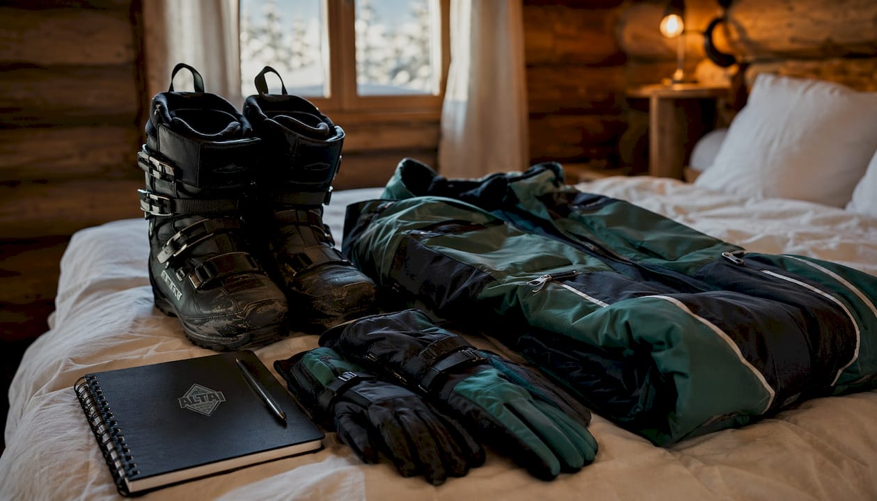 Snowmobile clothing and equipment laid out on a bed beside a packing checklist