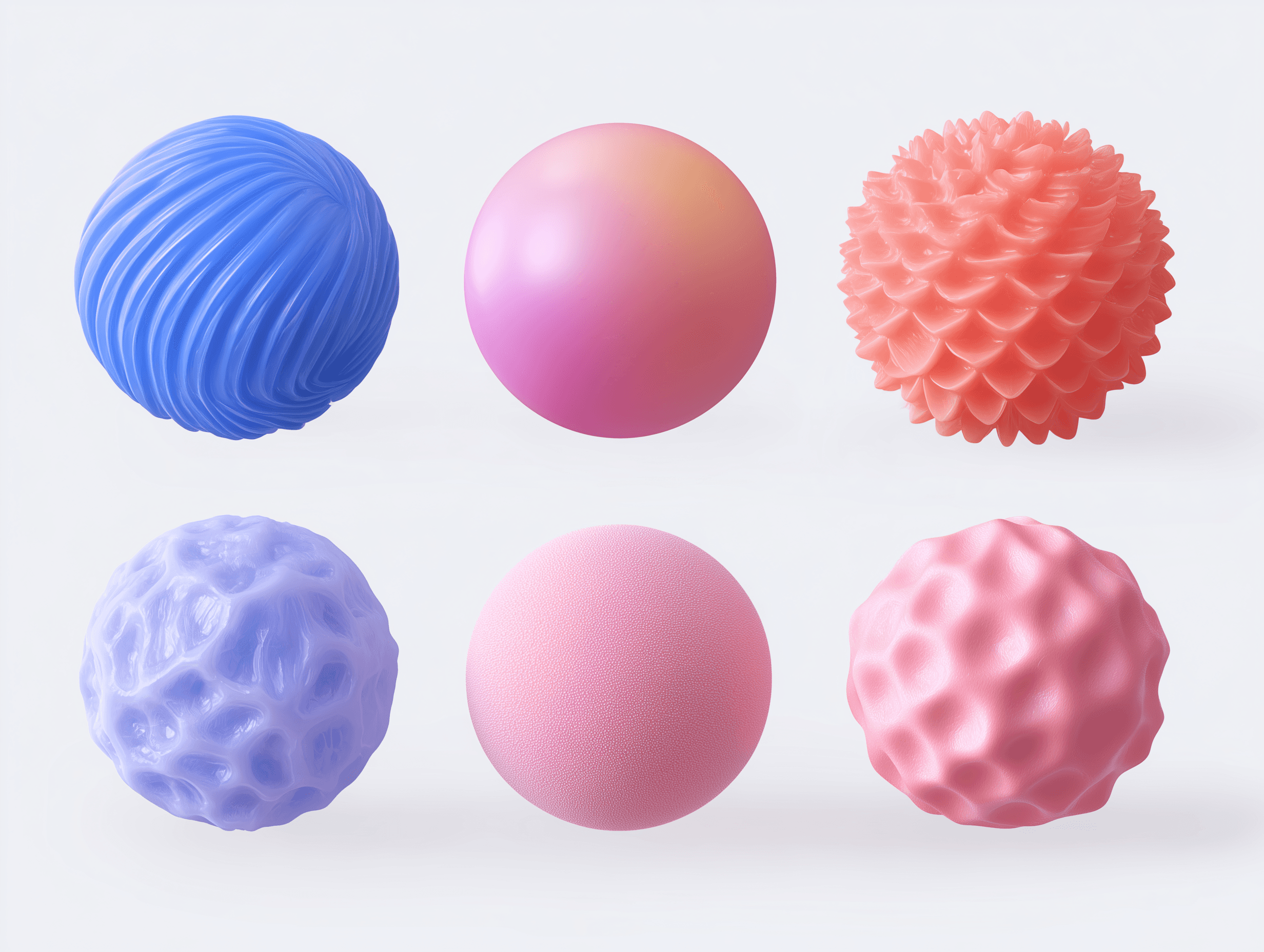 A set of six 3D spheres featuring different materials and textures, including smooth gradient, ribbed, spiky, porous, fuzzy, and bumpy surfaces, displayed on a clean white background.