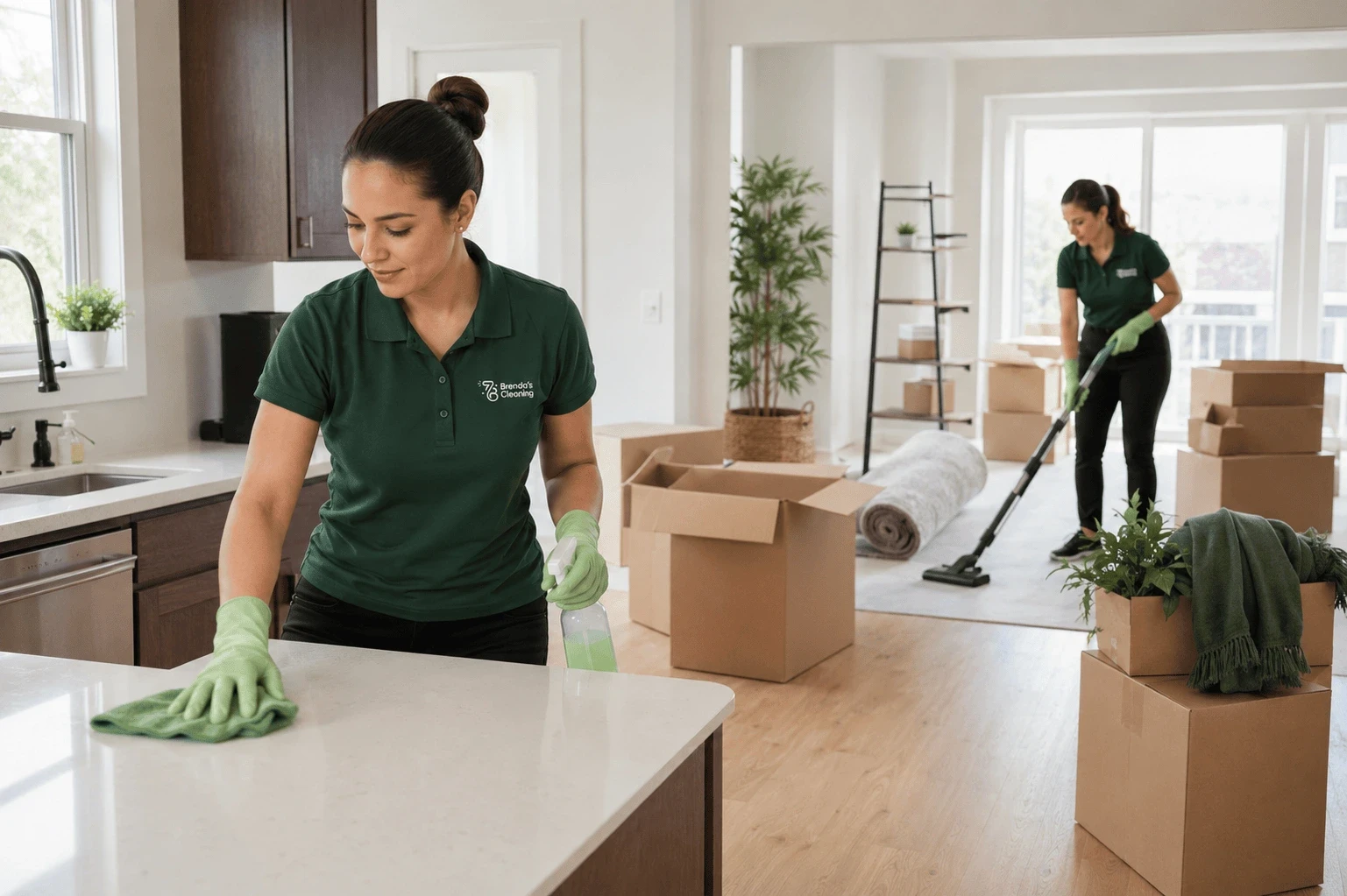 A professional home cleaner with Brenda's Cleaning disinfecting a brushed nickel lever door handle on a white interior door. She is holding a branded white spray bottle labeled "Disinfecting Surface Spray" while wiping the handle with a blue microfiber cloth. Wearing a branded navy uniform polo shirt, a matching cap, a black apron, and blue protective gloves, she performs high-touch sanitizing services inside a bright bathroom with a white marble vanity in the background.