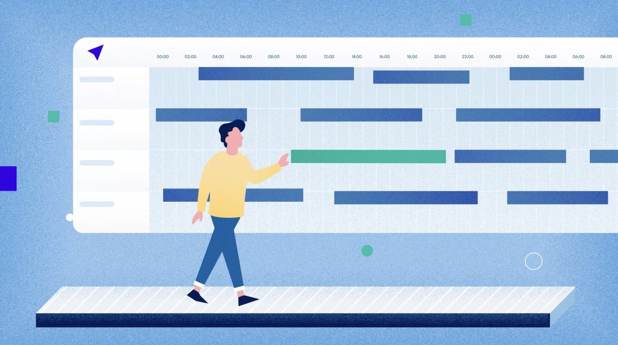Animated visualization of production scheduling and resource planning.