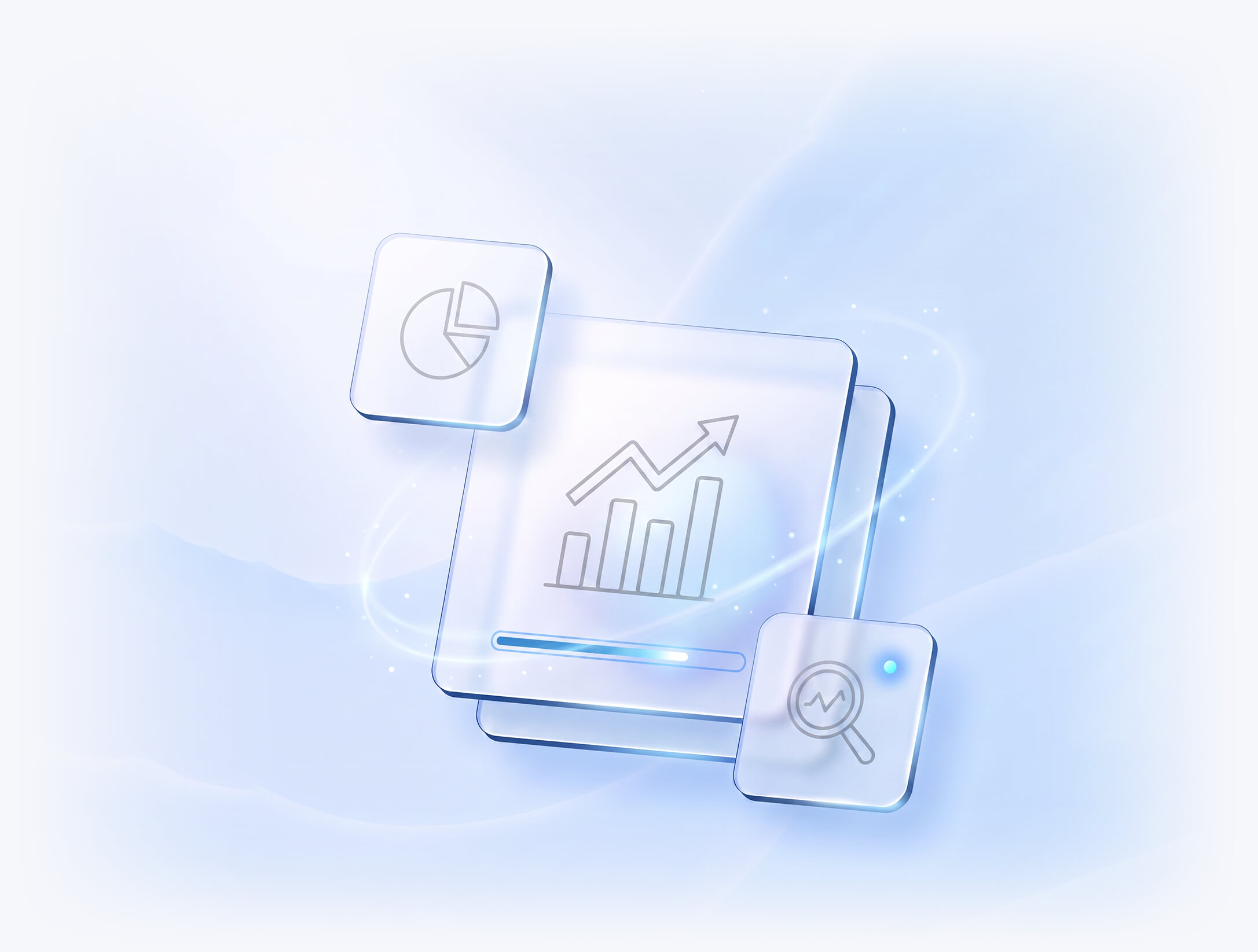 Ilustrație digitală a modulului de statistică Evolvo: grafic de tendințe cu bare și săgeată ascendentă, diagramă circulară și analiză detaliată a datelor, pe fundal albastru deschis.