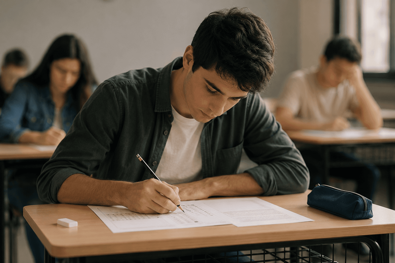 ALES sınavına giren bir öğrencinin sınıf ortamında optik form doldurarak dikkatle soru çözdüğü sınav anı görseli