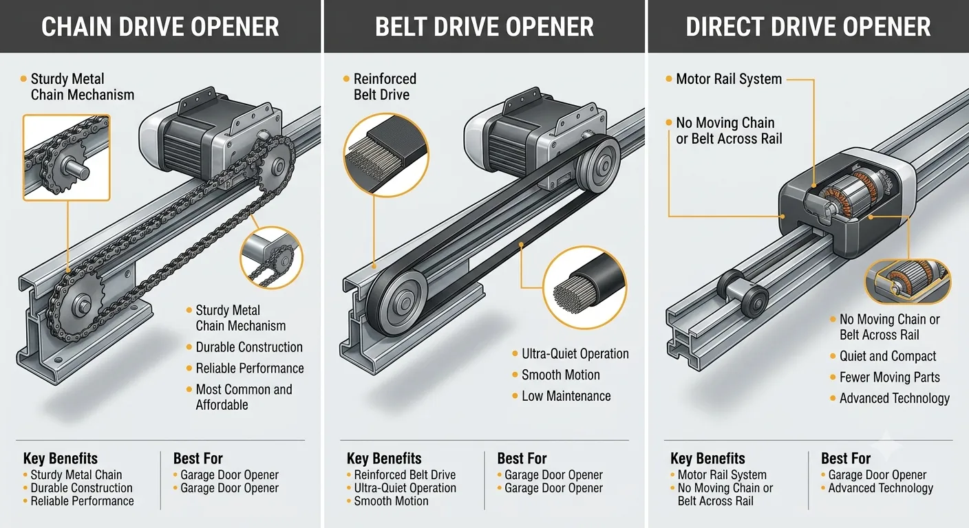 Comparison of chain drive belt drive and direct drive garage door openers