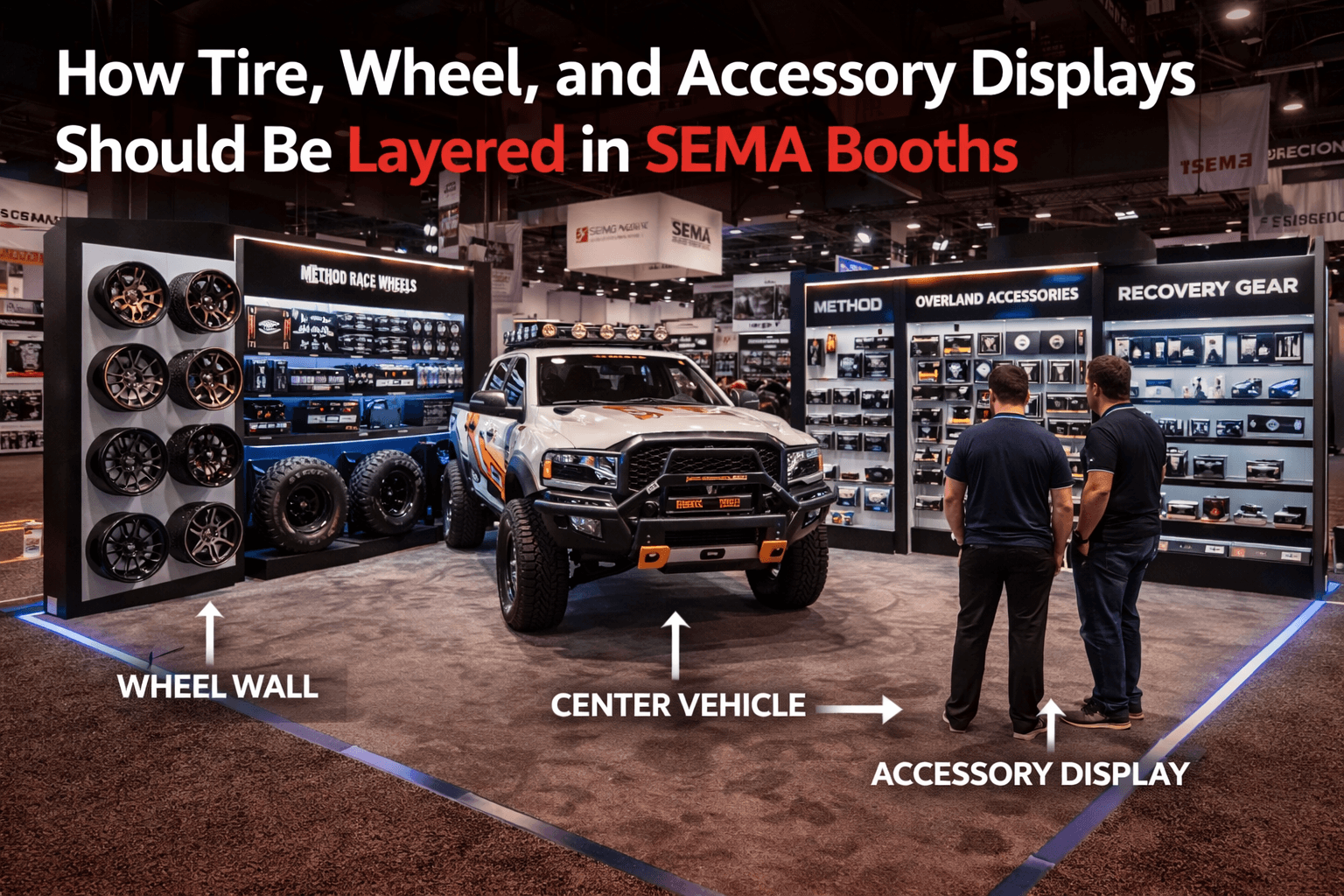 SEMA booth in Las Vegas with a center vehicle display, wheel wall, tire zone, and accessory shelving layered for clear automotive product visibility