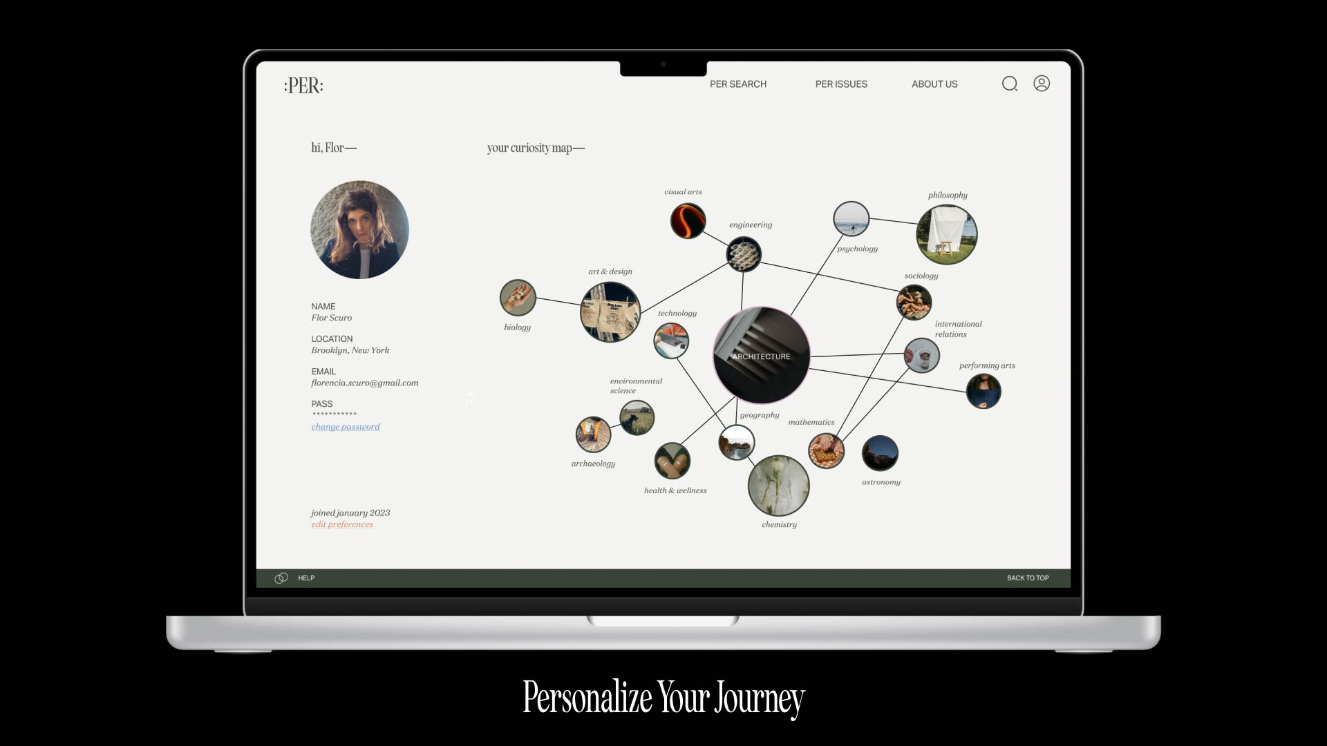 A laptop screen displays a personalized journey map. The central node is labeled “ARCHITECTURE,” surrounded by smaller circles representing various disciplines including “art & design,” “biology,” “environmental science,” “archaeology,” “health & wellness,” “geography,” “mathematics,” “chemistry,” “astronomy,” “international relations,” “performing arts,” and “philosophy.” A profile picture shows Flor Scaro, with location details including “Brooklyn, New York” and “joined January 2023.” The map interface includes tabs for “PER SEARCH,” “PER ISSUES,” and “ABOUT US,” along with a “BACK TO TOP” button. The text “Personalize Your Journey” appears below the laptop.