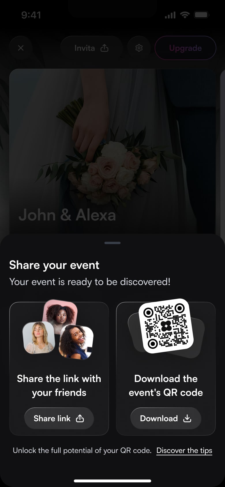 Schermata dell’app di togevent nella fase di condivisione evento, con link e QR code per invitare facilmente le persone.