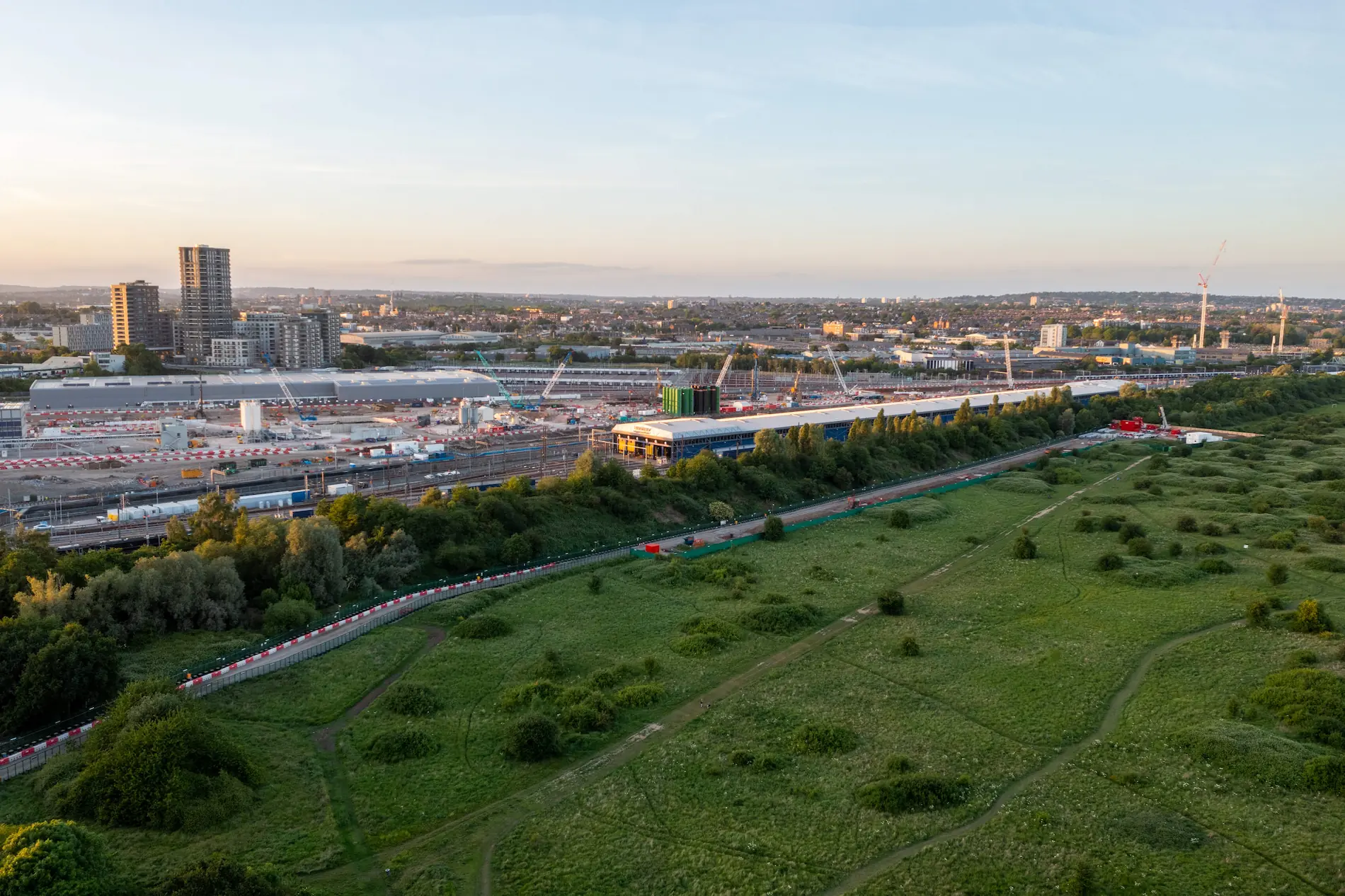 Wide aerial panorama of a major railway infrastructure project, captured to create interactive virtual tours