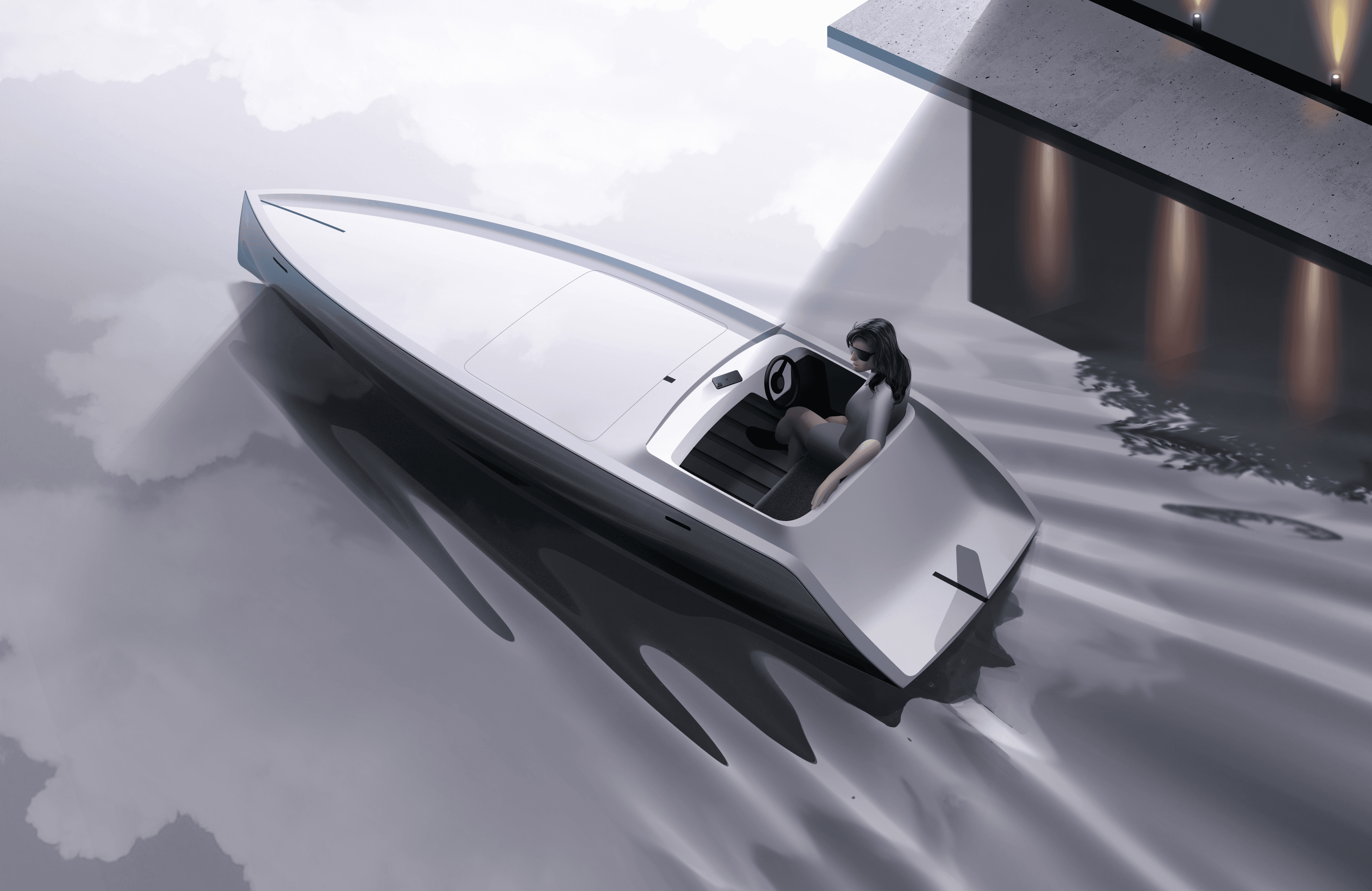 Dynamic exterior rendering of Kaebon electric boat showing ultra-light electric hull design
