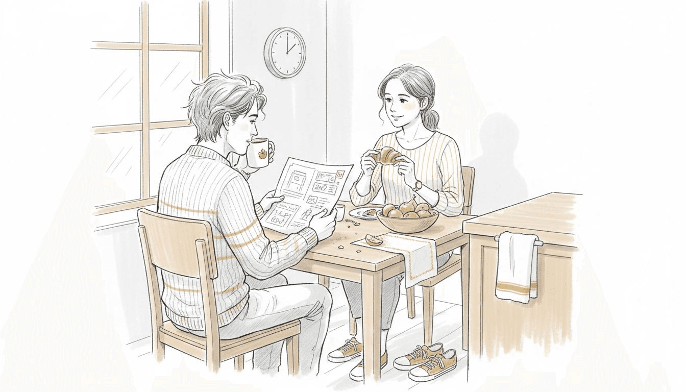 Pareja revisando acuerdos en la cocina