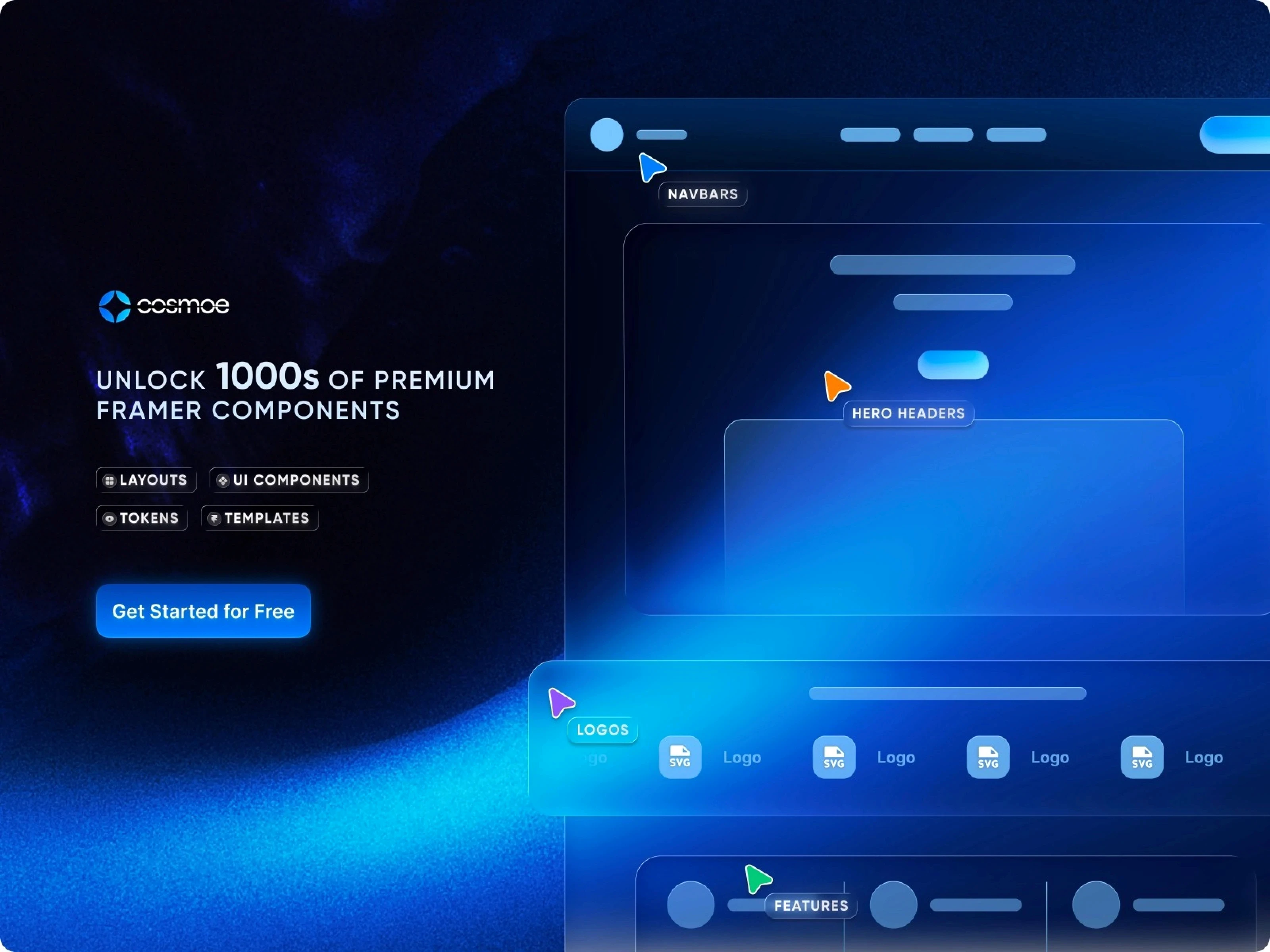 Promoting Cosmoe with various Framer UI component sections and the phrase 'Unlock 1000s of Premium Framer Components' on a dark blue background.
