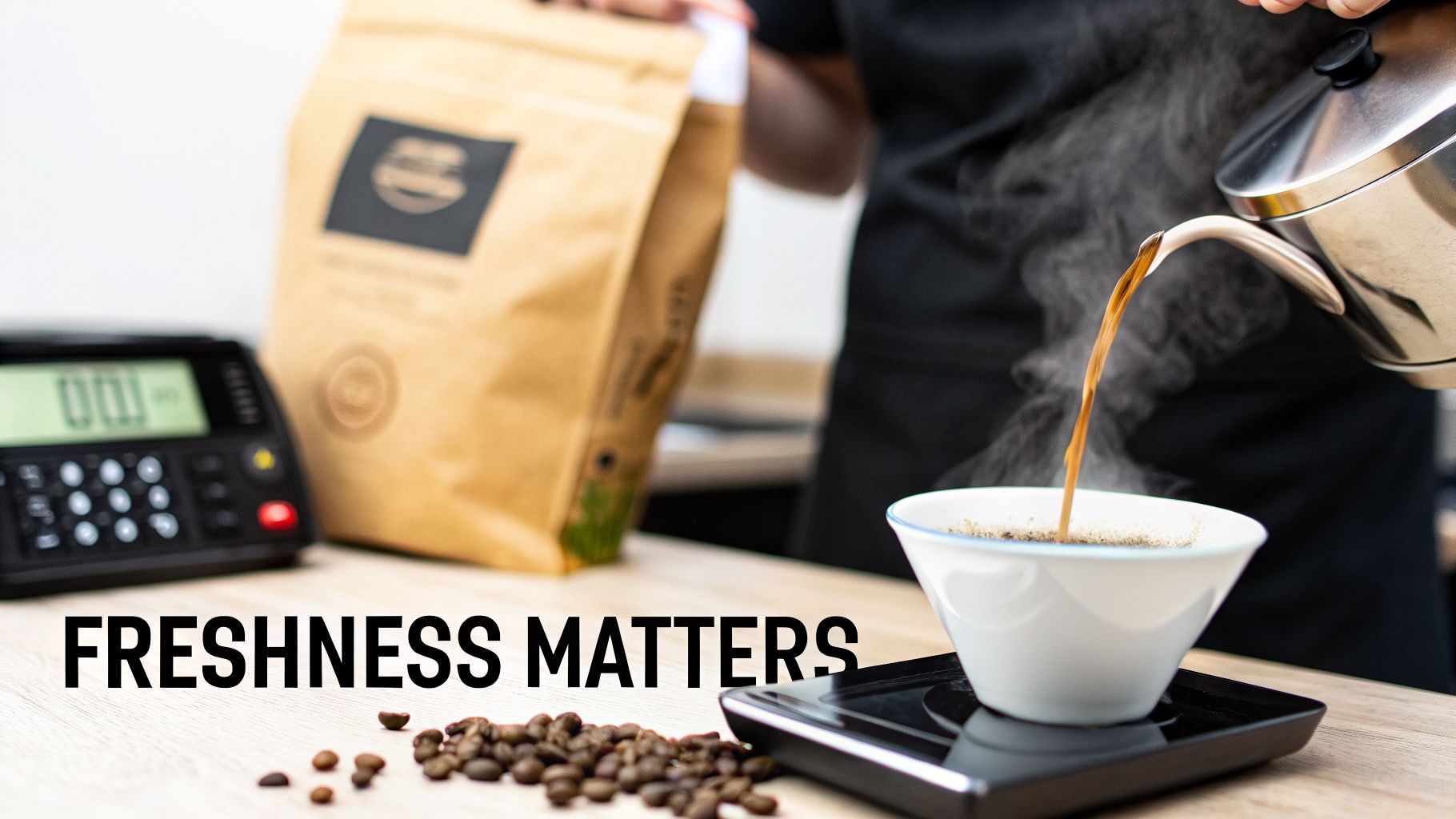 A barista pours steaming hot water over ground coffee, brewing a fresh cup, with beans nearby.