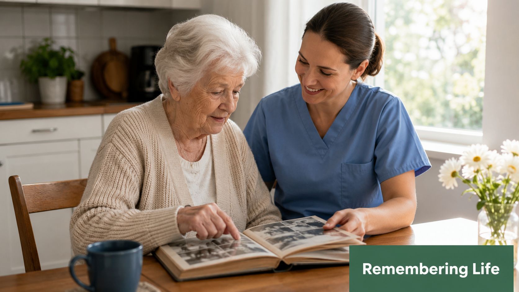 An elderly woman and her caregiver sitting together at a table looking through a photo album.